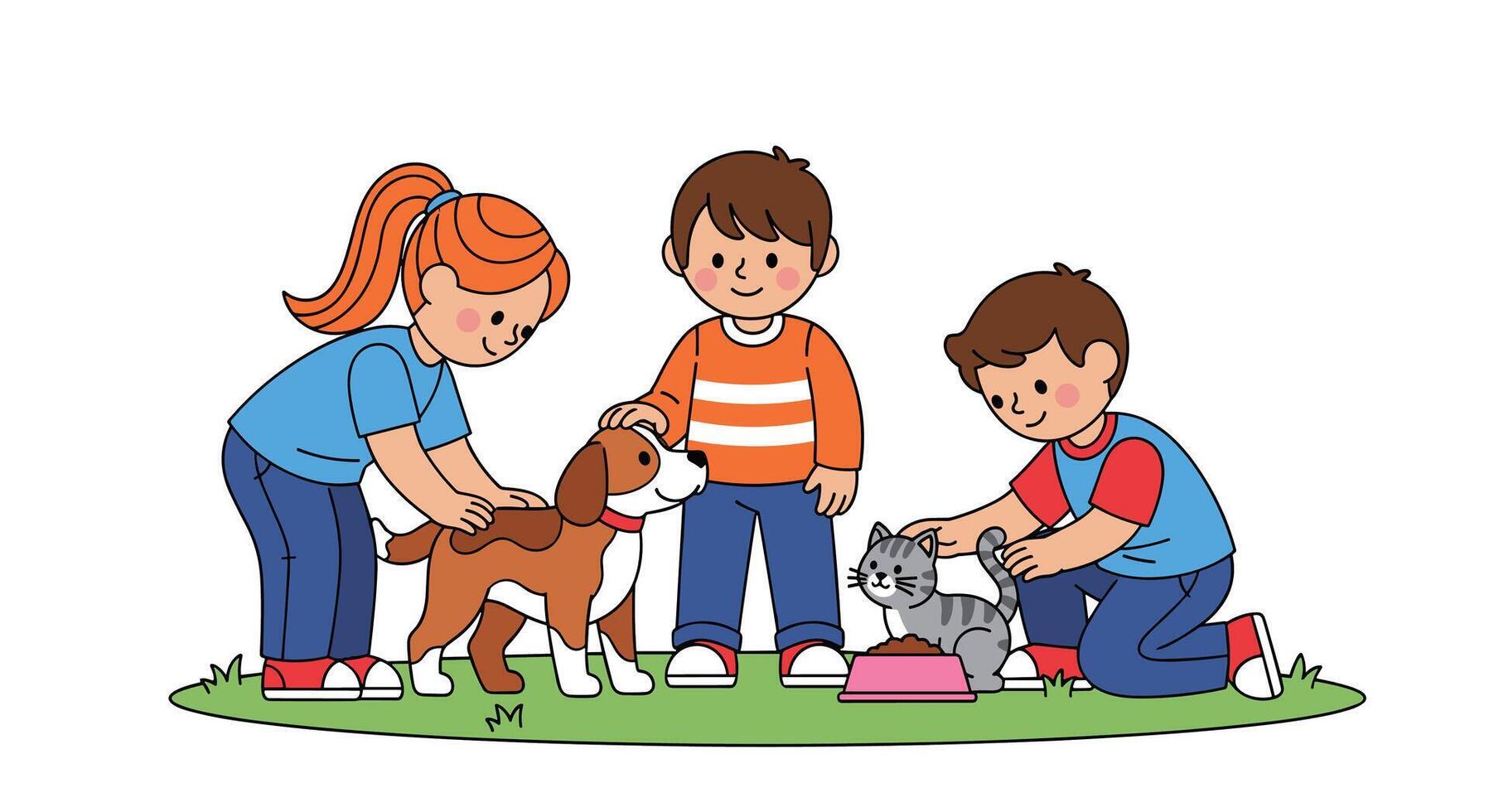 Children Caring for a Dog and a Cat in a Safe Environment outdoors vector
