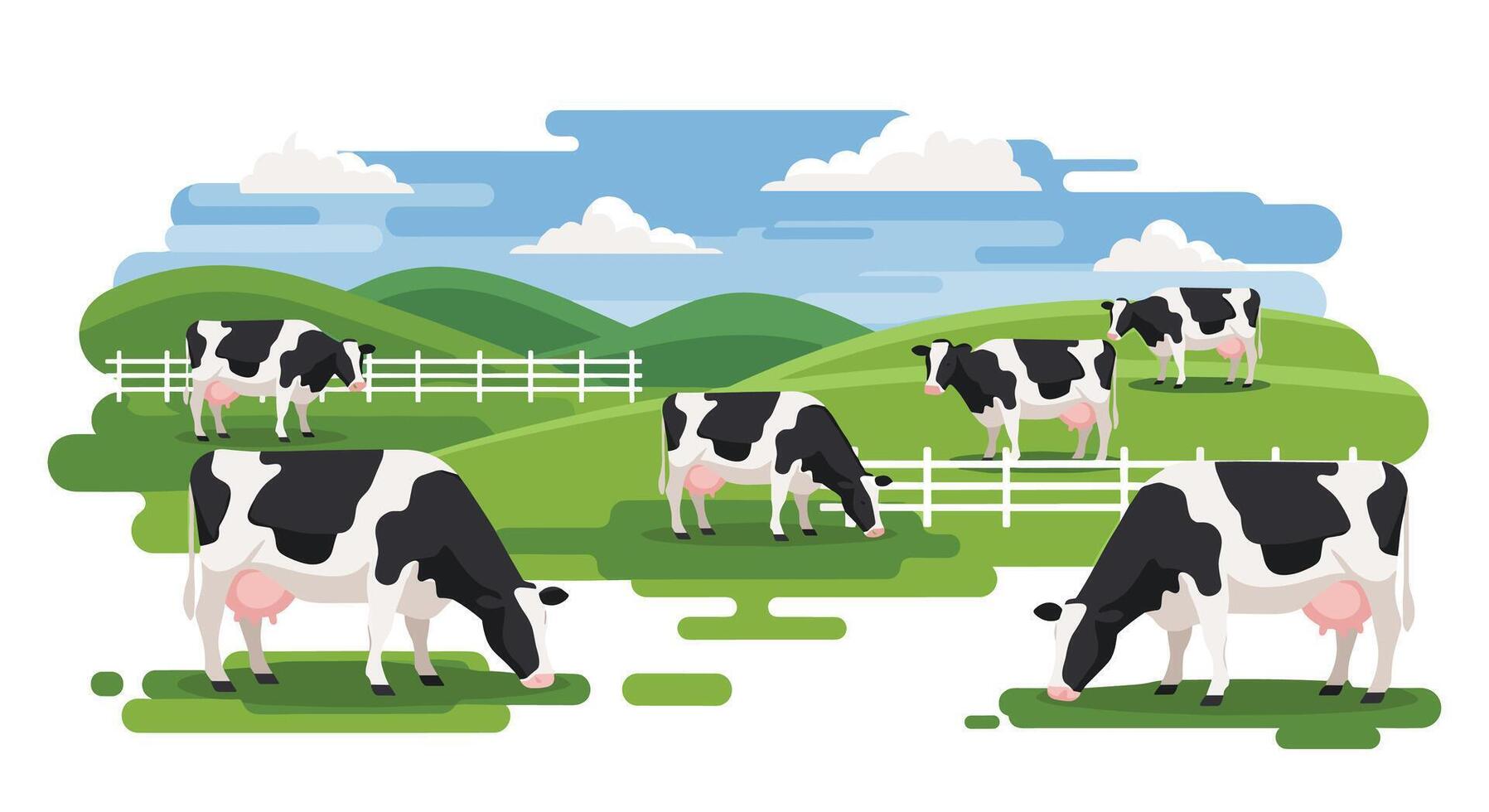 The Serene Beauty of Cows Grazing Peacefully in a Lush Green Meadow Landscape vector