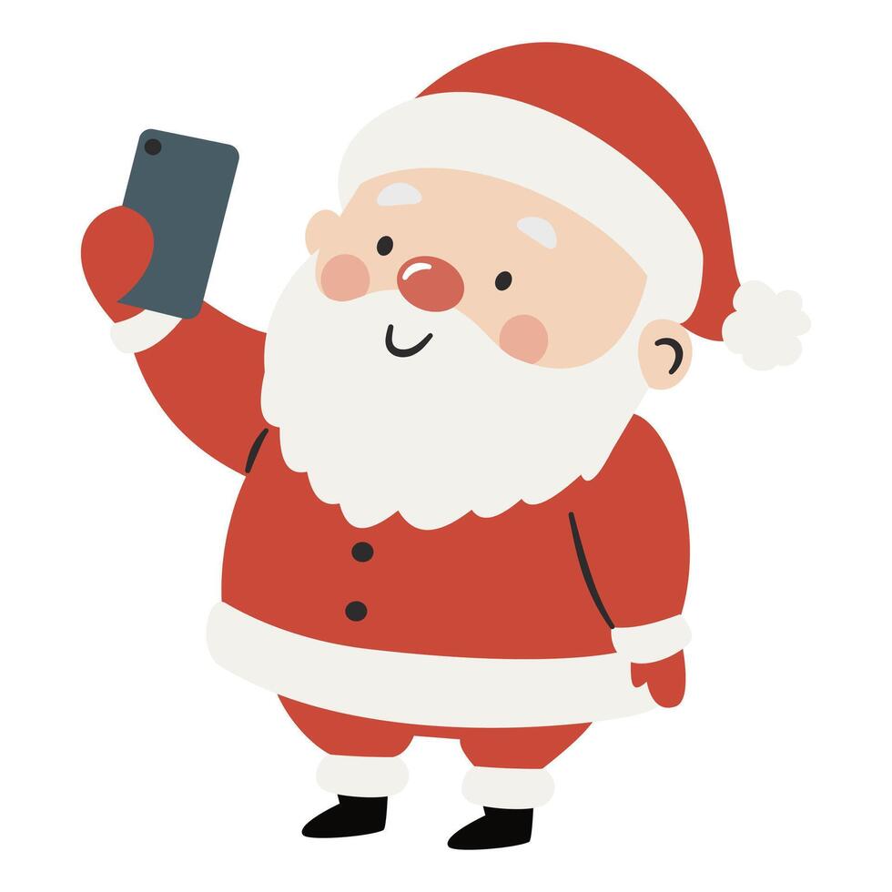 Cute Santa Claus holding his phone and taking selfies. Flat illustration on white background in simple child style vector