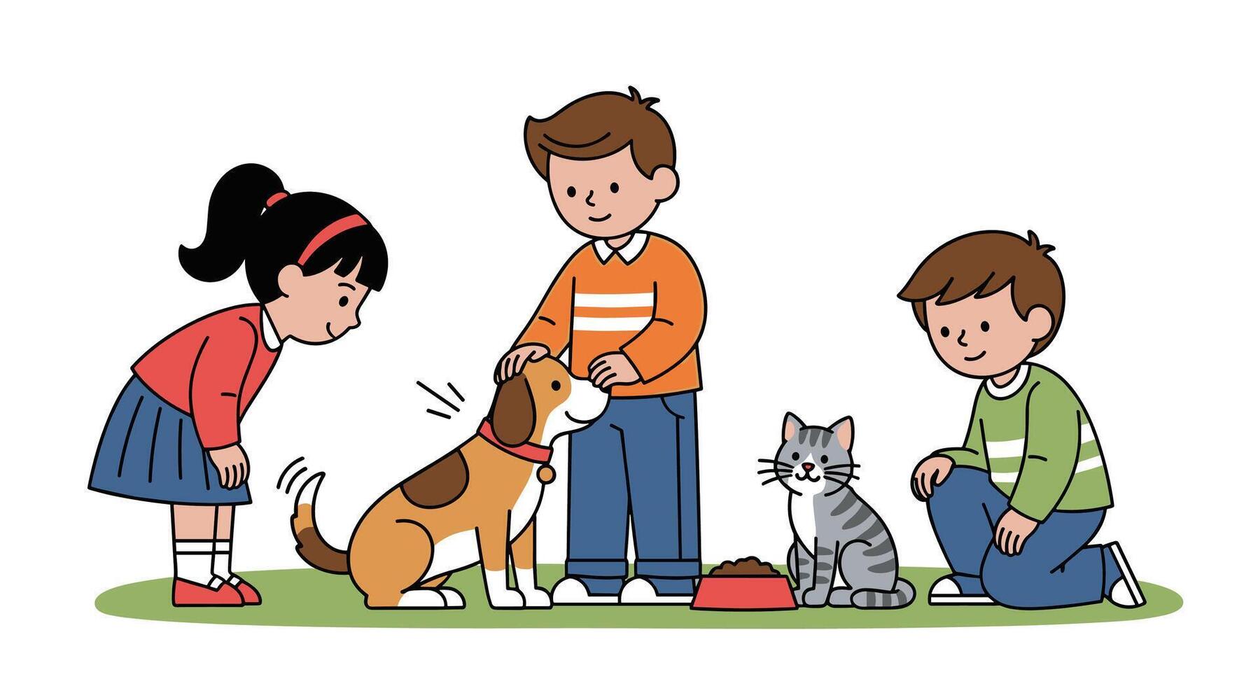 Children and Pets A Happy Encounter with a Dog and a Cat Present vector