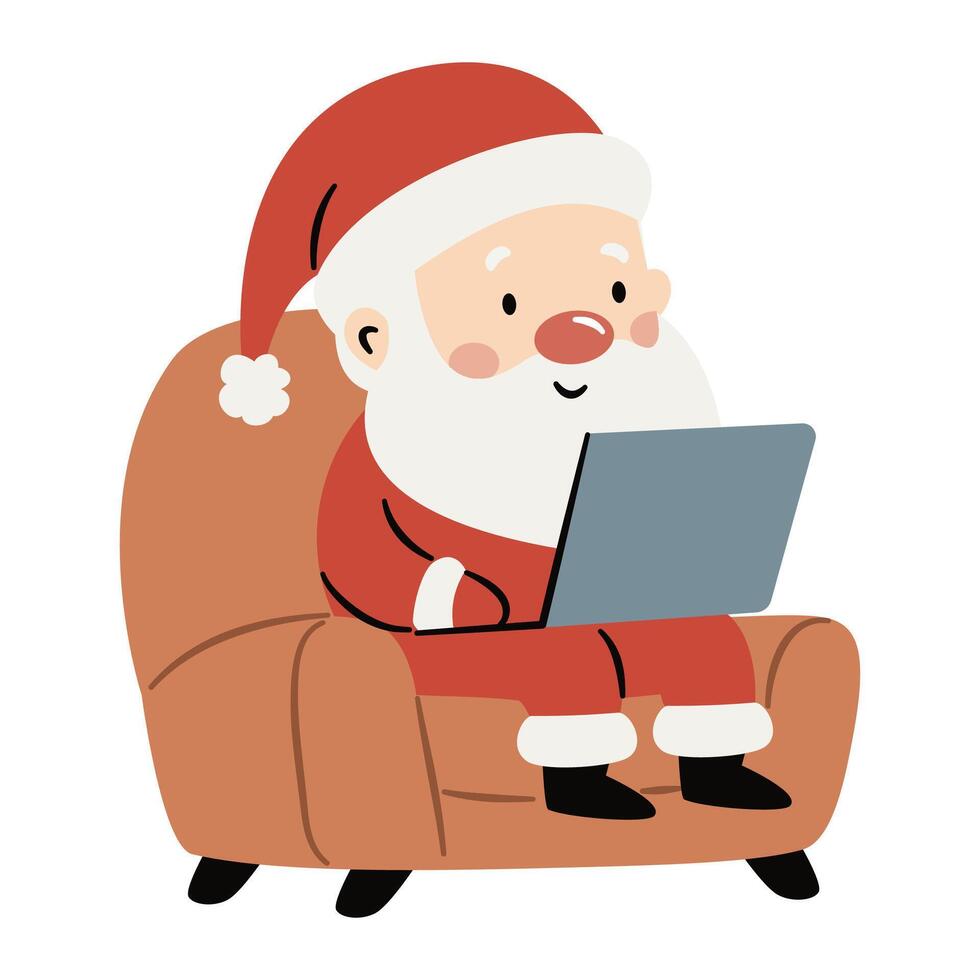 Cute Santa Claus is working at his laptop sitting in a chair. Flat illustration on white background in simple child style vector