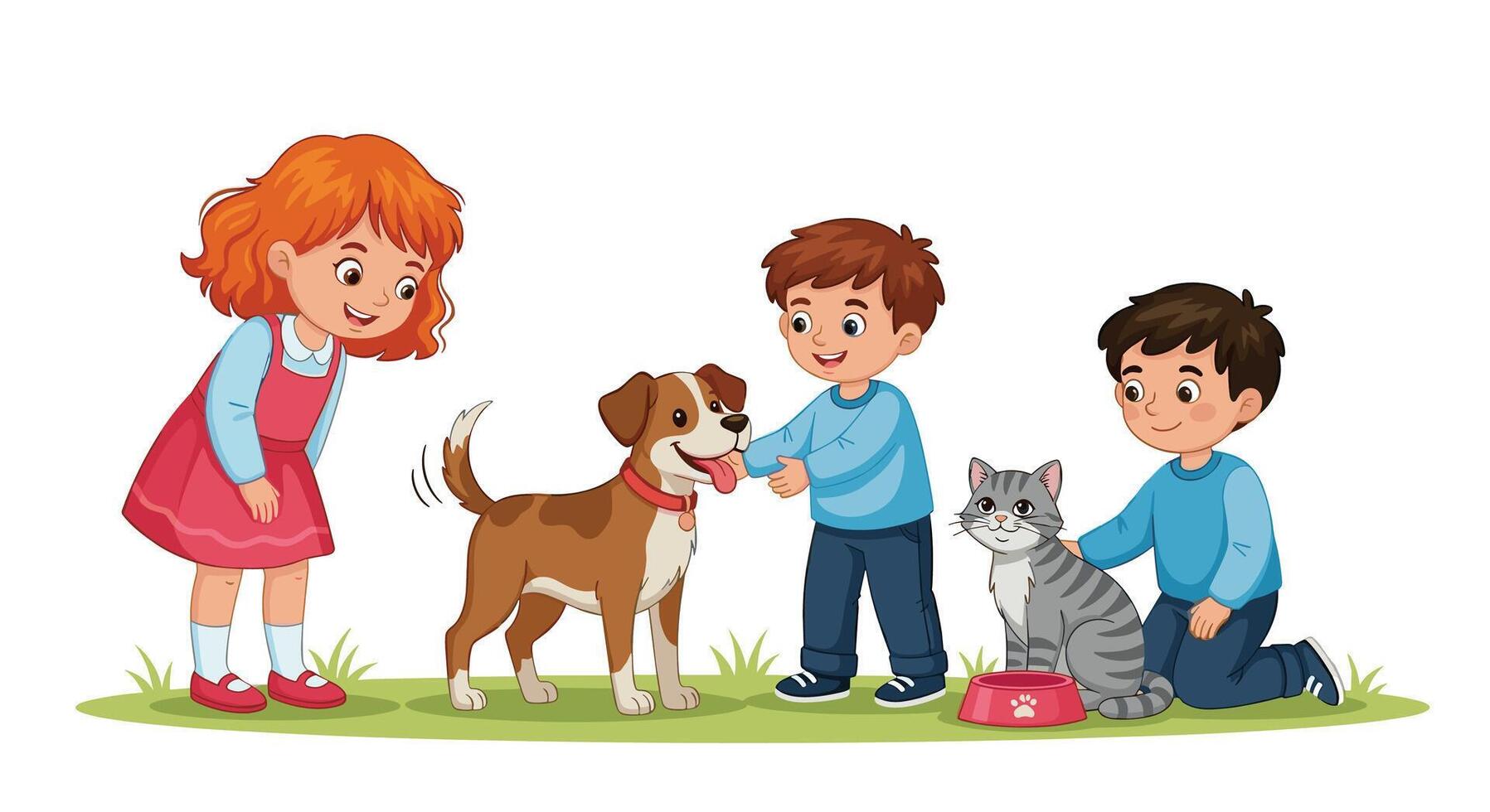 Children Enjoying Time Together with Their Beloved Pets A Heartwarming Scene of Friendship vector