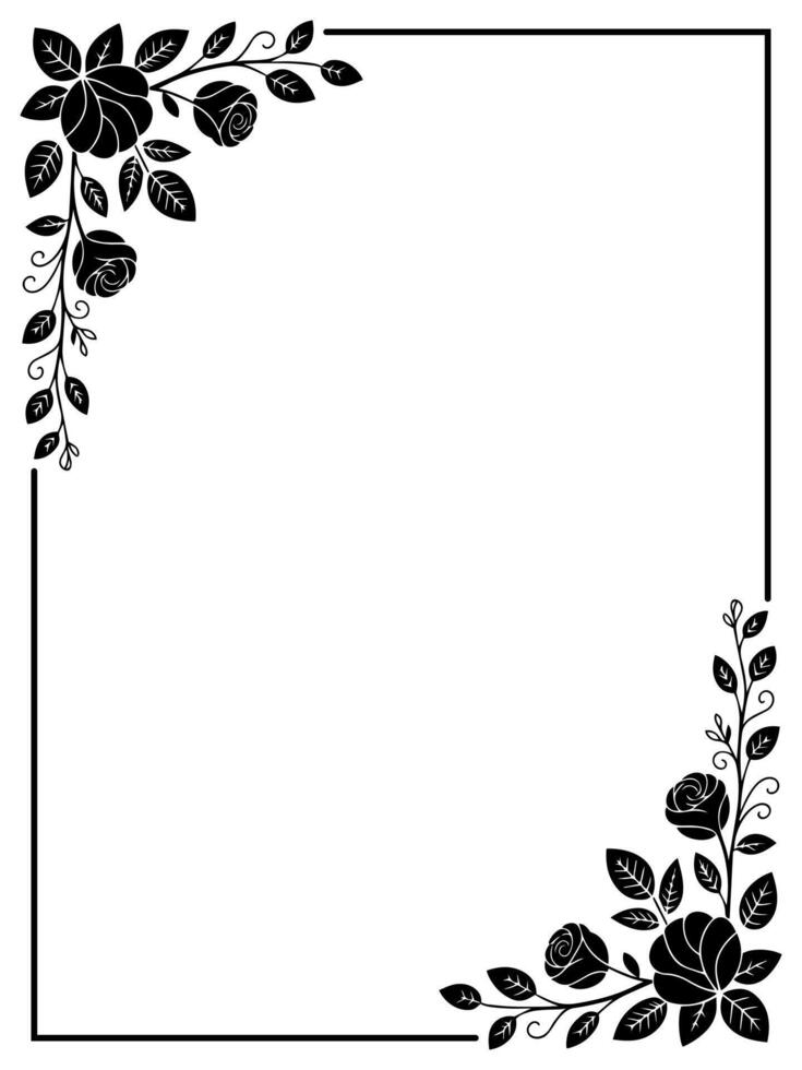 Minimalist black floral corner border with rose and leaf silhouette for elegant certificate and invitation design vector
