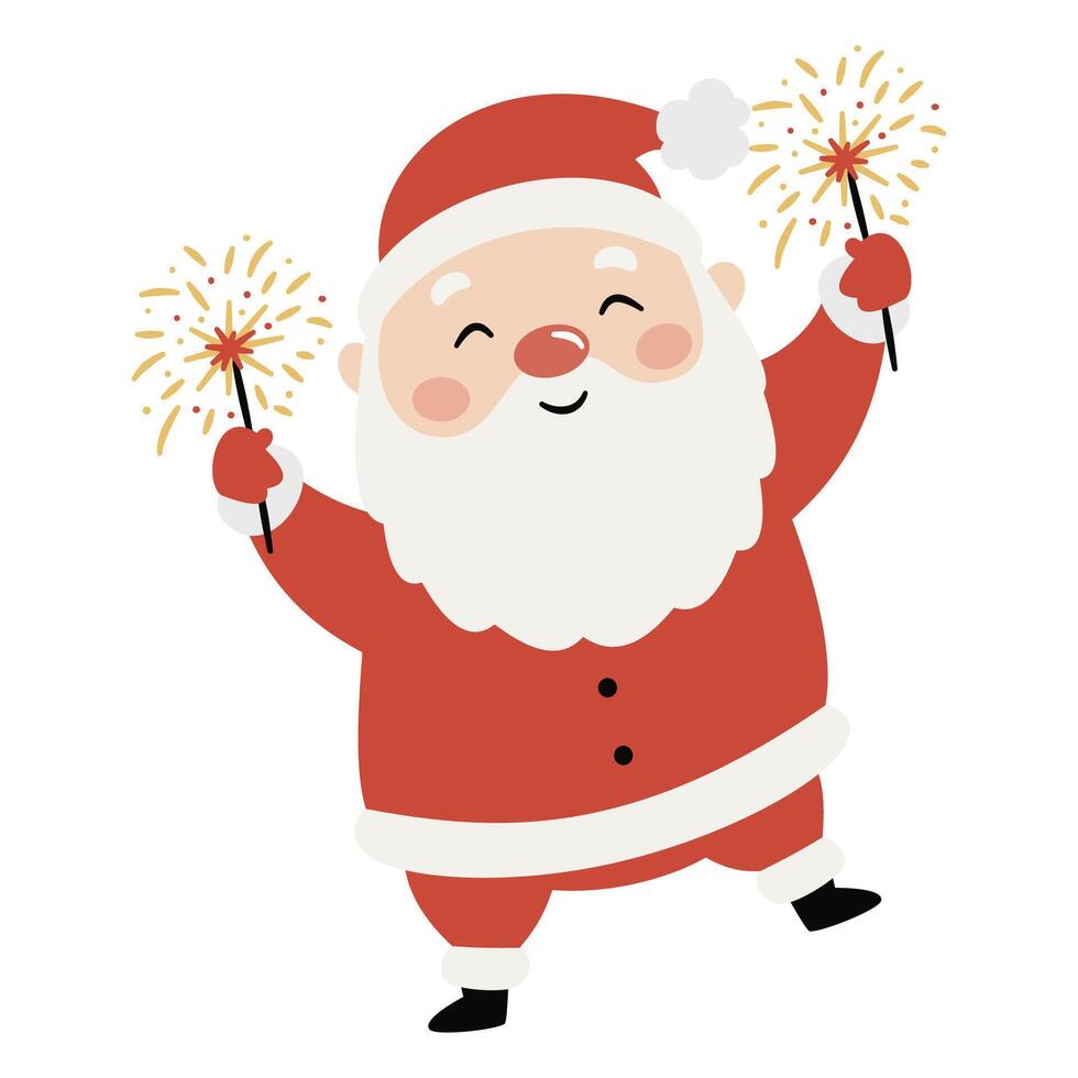 Cute Santa Claus holding bengal lights and having fun. Flat illustration on white background in simple child style vector