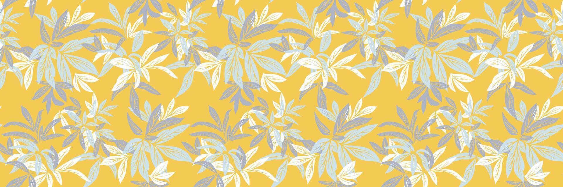 Seamless tropical leaf pattern with hand drawn style foliage in blue and white on a bright yellow background. Perfect for summer textiles, wallpapers, packaging, surface design vector