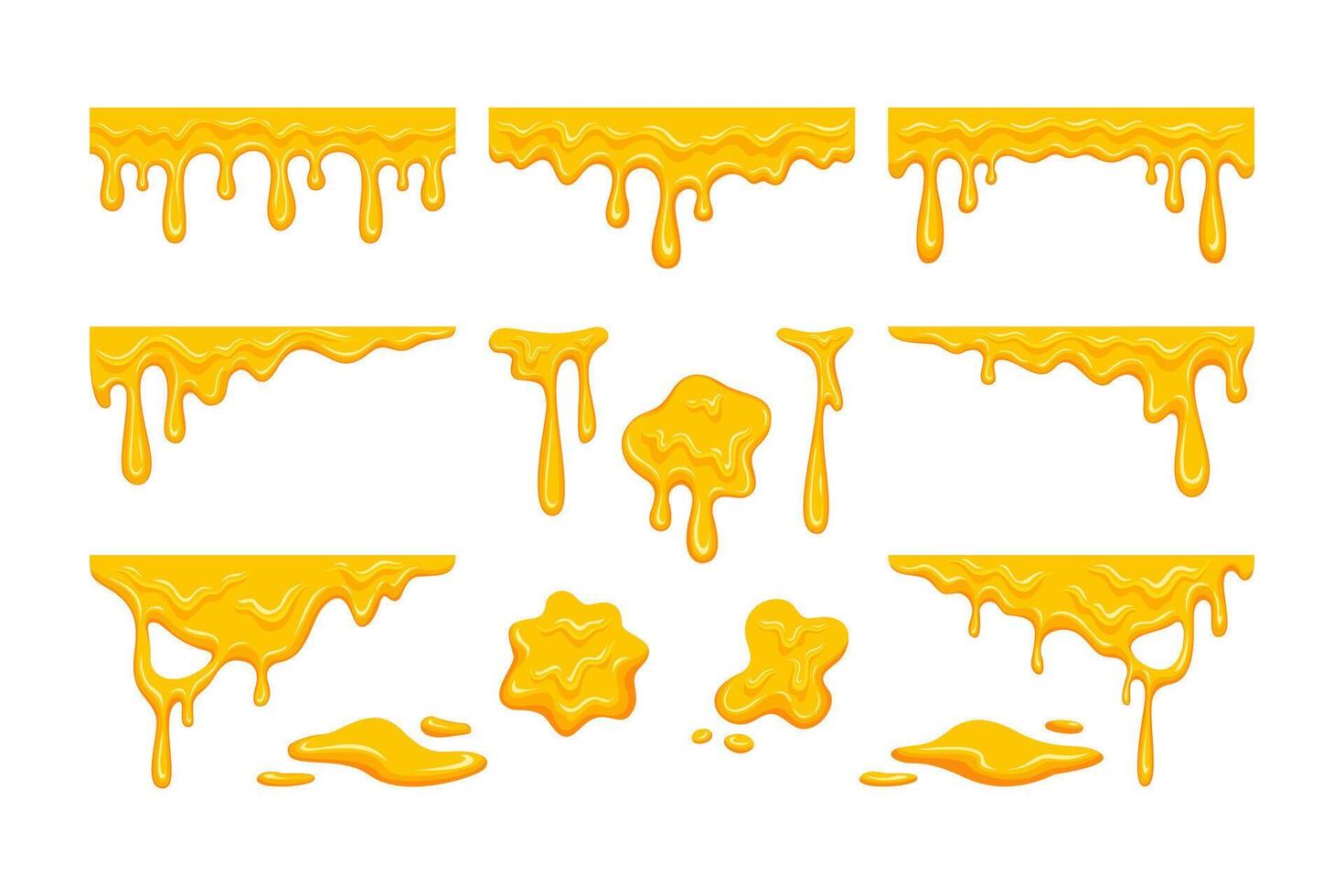 Melted Honey drip liquid set. Melting cheese drips element pack. Set of yellow syrup liquid, melted sauce flowing illustration. Spilled, drop, leak, splash, slime for food and drink products vector
