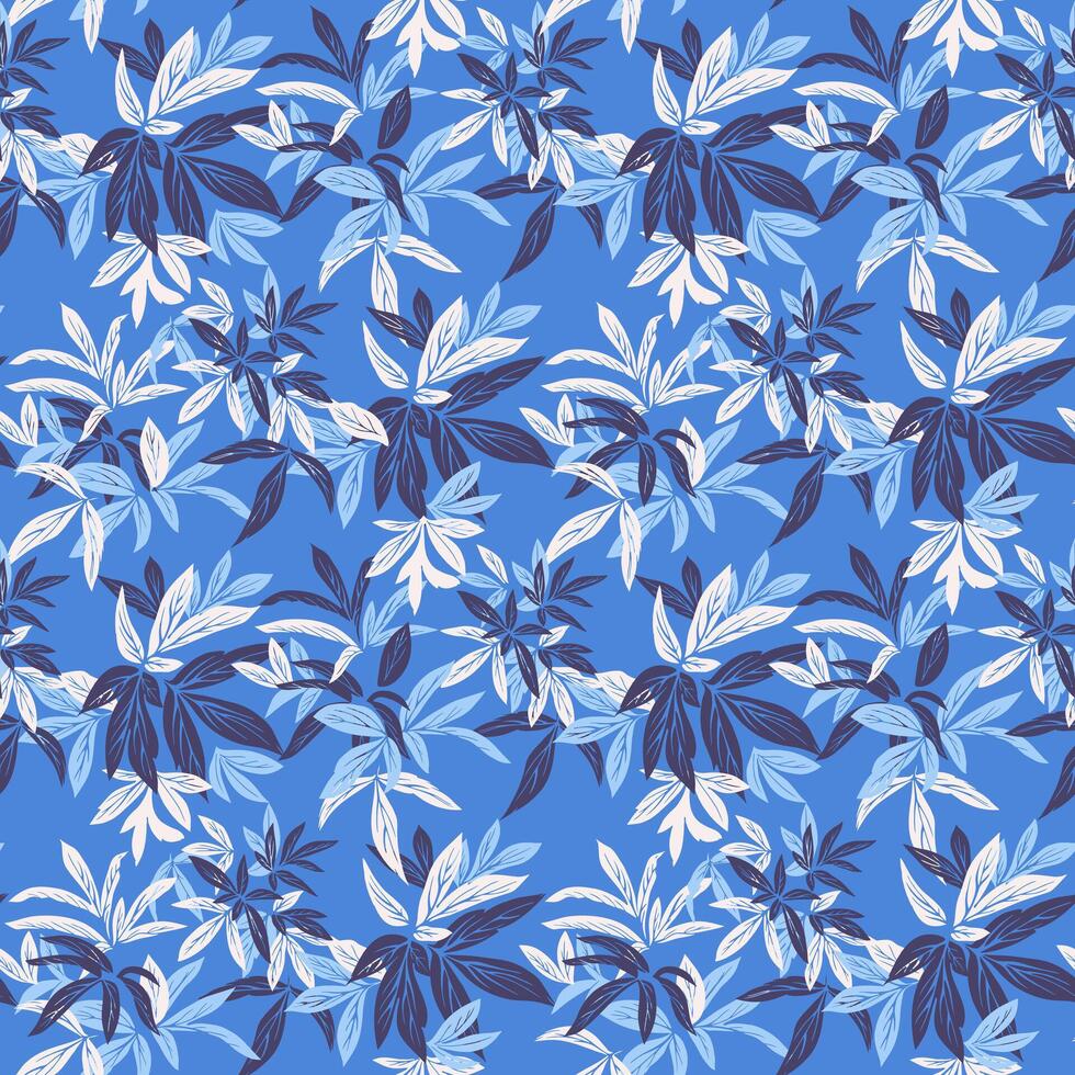 Seamless pattern with tropical leaves in shades of blue, white, and navy on a vibrant blue background. Nature ornament for fabric, wallpaper, packaging, and summer themed designs vector