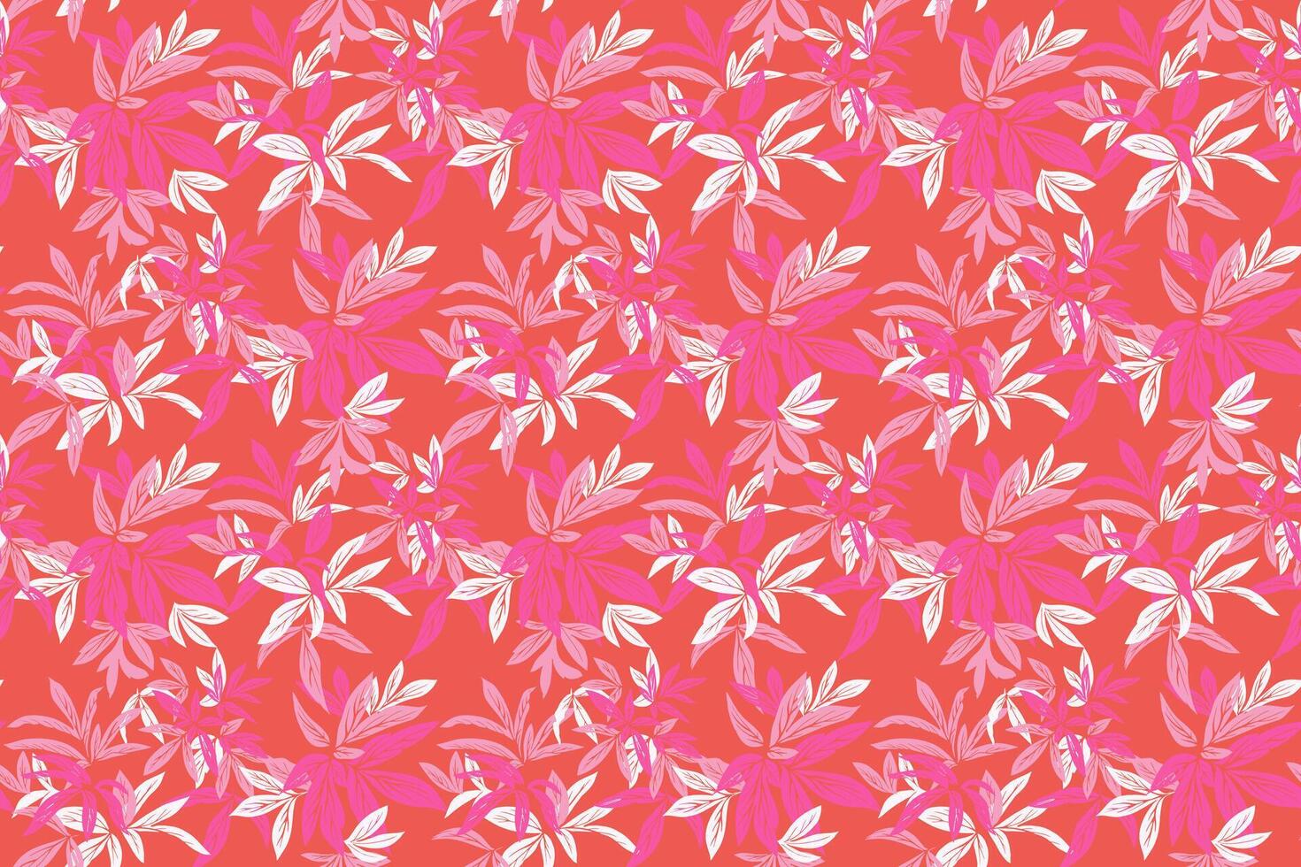 Seamless pattern with bold tropical leaves in pink and orange on a red background. Stylish botanical design for fabric, print, packaging, wallpapers, fashion projects vector