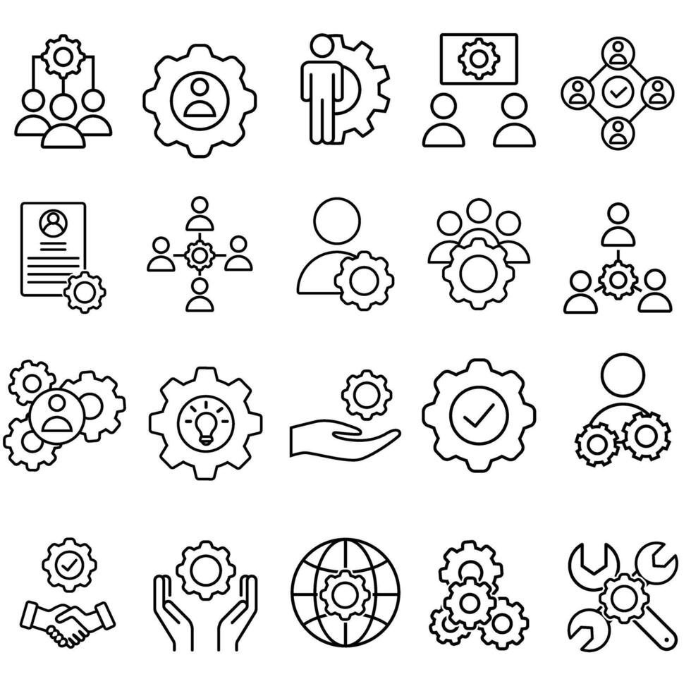 Workshop icon set. Developer illustration sign collection. Engineering symbol. Teamwork web icons. Containing repair, service center, team building, meeting and more. vector