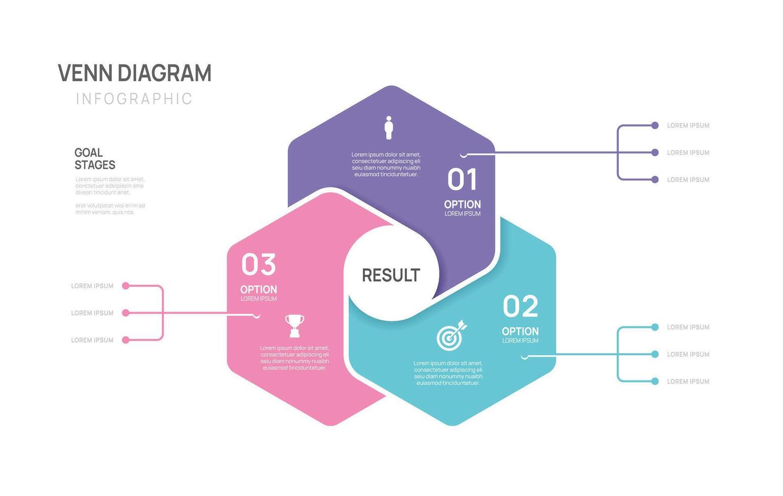 Venn diagram infographic chart template for business 3 options presentation with icon elements illustration. vector