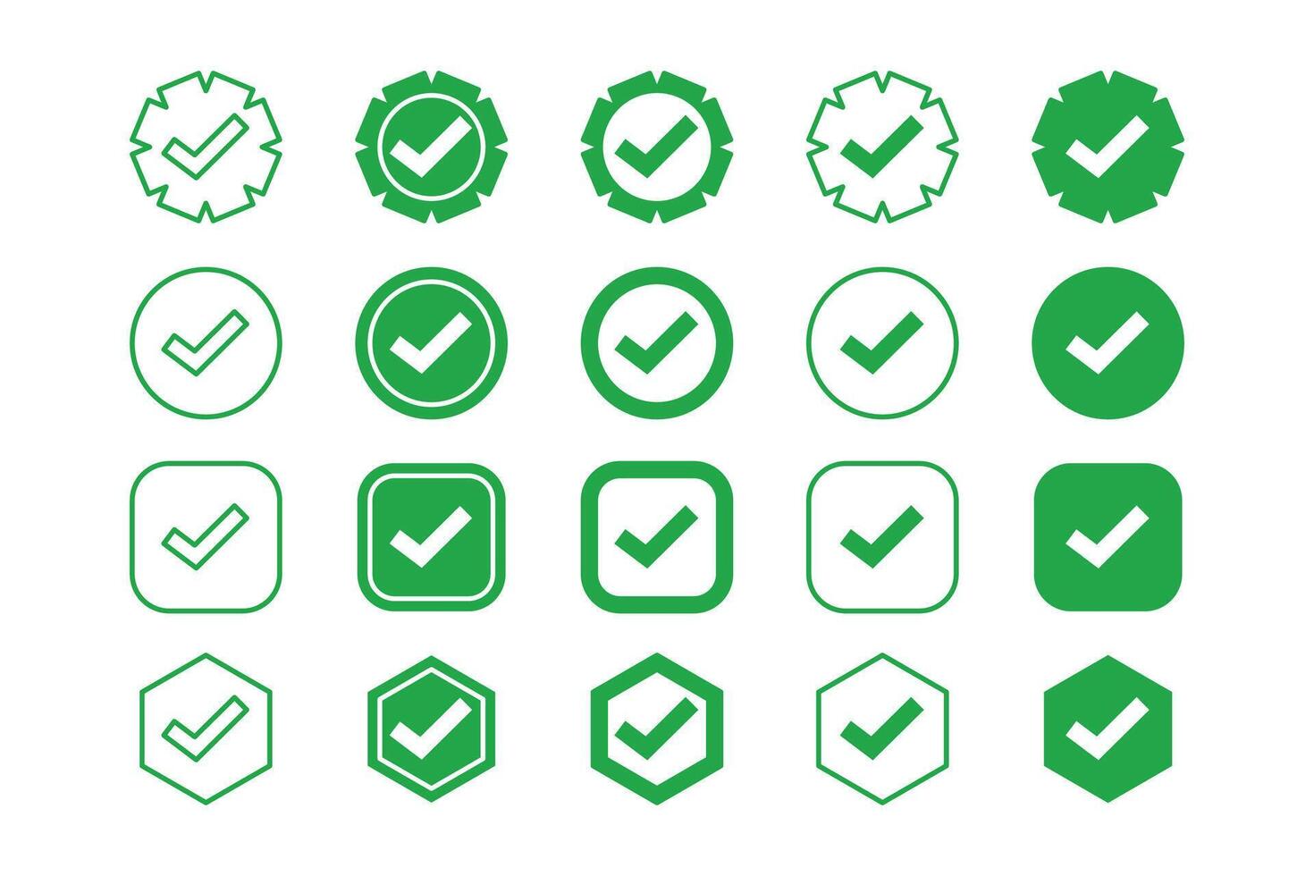Checkmark green icon button set. Check with frame badge mark approved symbol collection. Green checkbox illustration bundle. Quality guarantee with checkmark icon sign symbol. vector