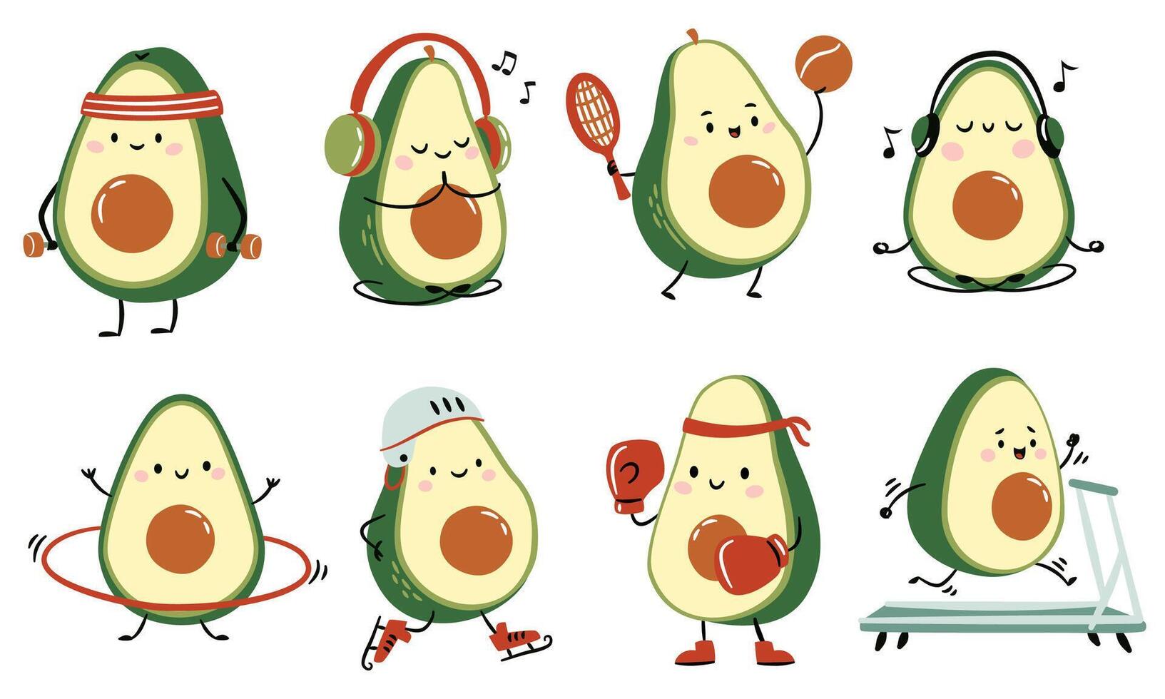 A set of flat illustrations in a simple children's style. Cute avocados with muzzles hands and feet are playing sports vector