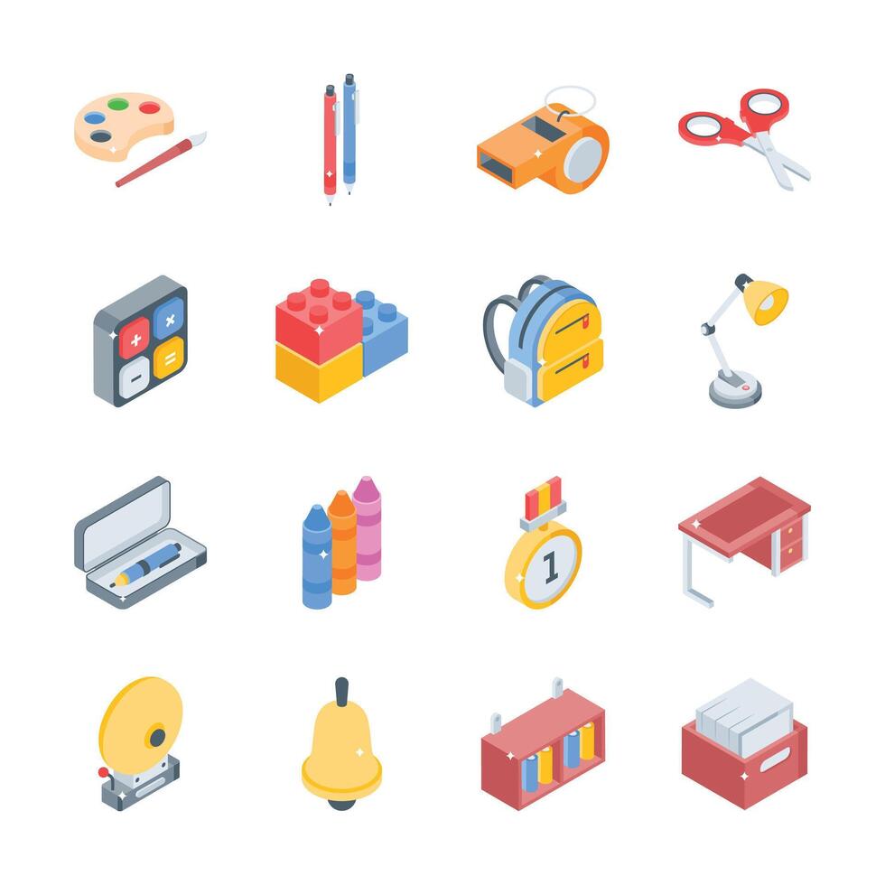 Grab this handy collection of school accessories isometric style icons vector