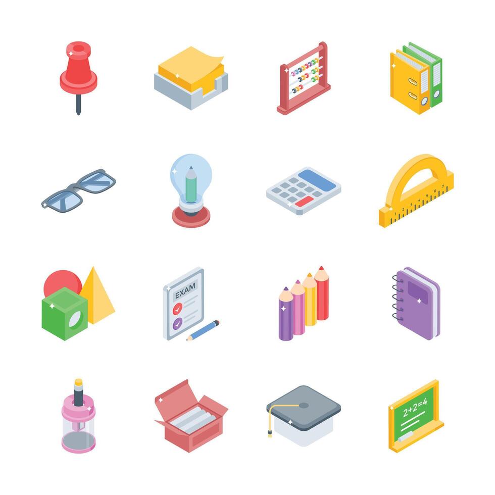 Get this handy bundle of school supplies isometric style icons vector