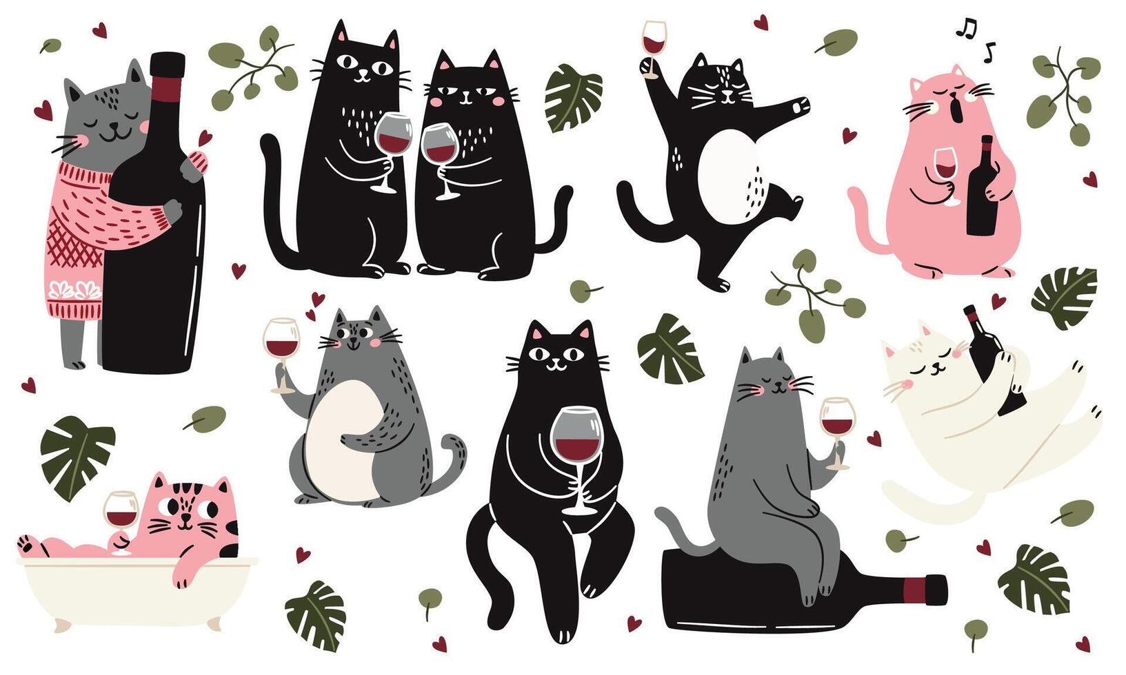 Cute Scandinavian style cats with a glass and a bottle of wine, singing and taking a bath monstera leaves and green plants. Flat illustrations on white background vector