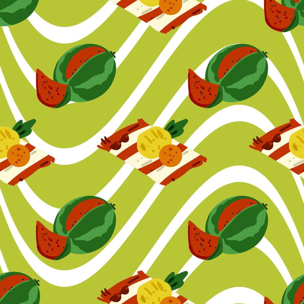 Watermelon slices, picnic, summer, fresh fruit. Seamless cartoon pattern with juicy watermelon pieces in a bright and playful flat style. Great for picnic-themed designs and seasonal packaging. vector