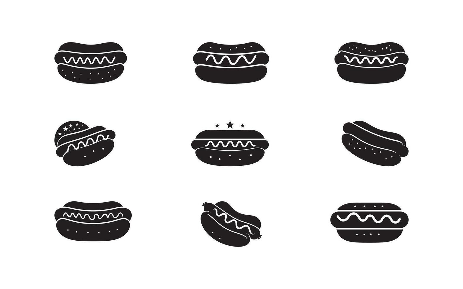 unique black hot dog icons in different styles and configurations, perfect for menus, infographics, or promotional designs involving fast food, snacks, and minimal art concepts. vector