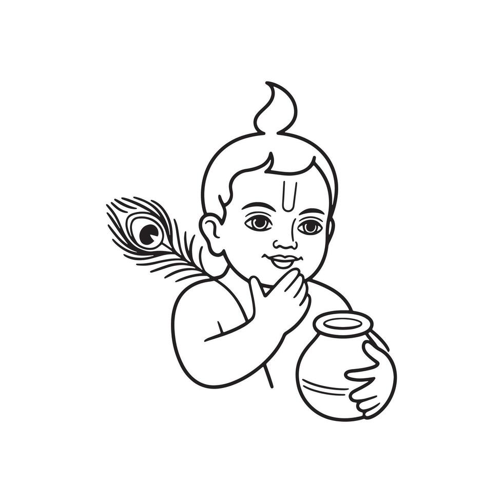 Line Art of a Baby Holding a Pot Of Butter and Decorative Feather, Cute Outline vector