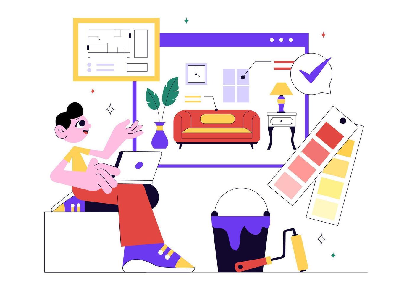 Home Interior Design Art Featuring Room Decoration and Style Planning in Cartoon Background vector
