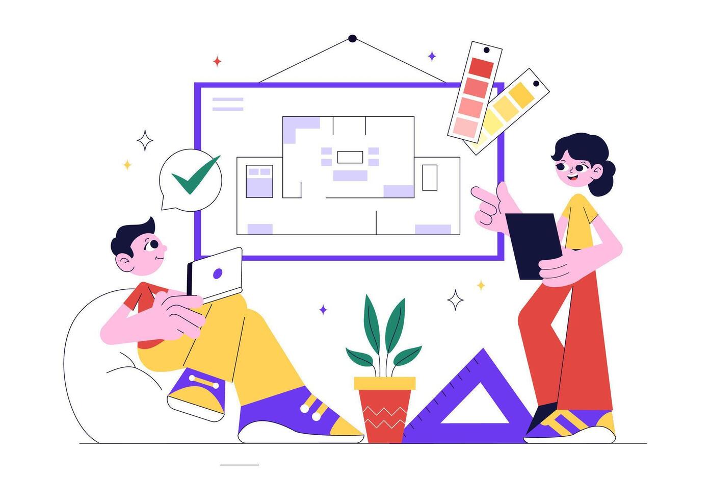 Home Decor Planner Illustration with a Designer Setting Up Room Style and Furniture Layout vector