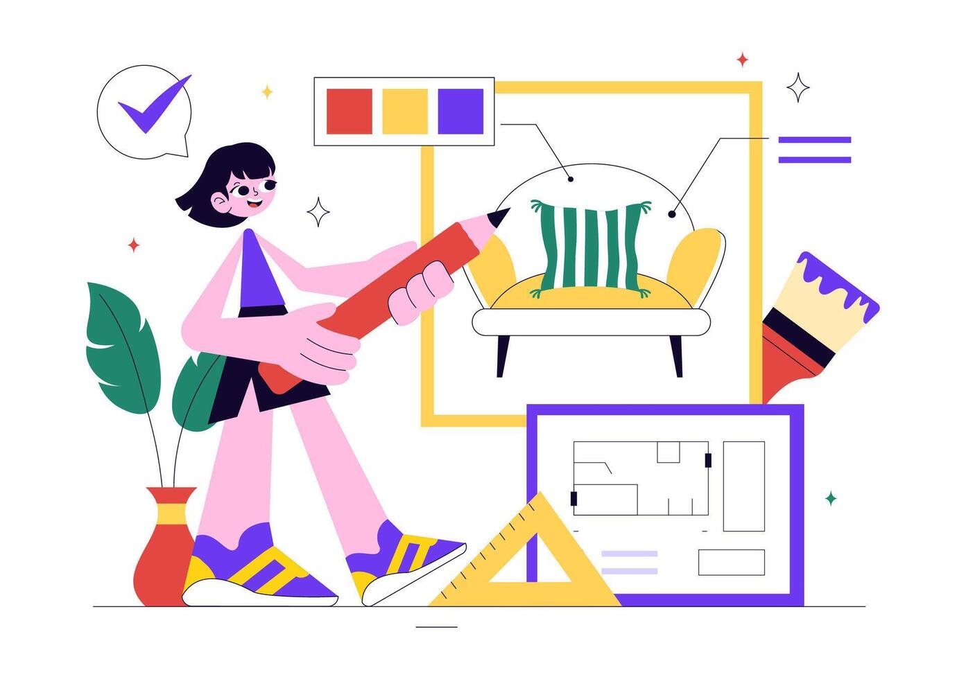 Flat Style Interior Designer Illustration Featuring Wall Painting and Modern Room Styling vector