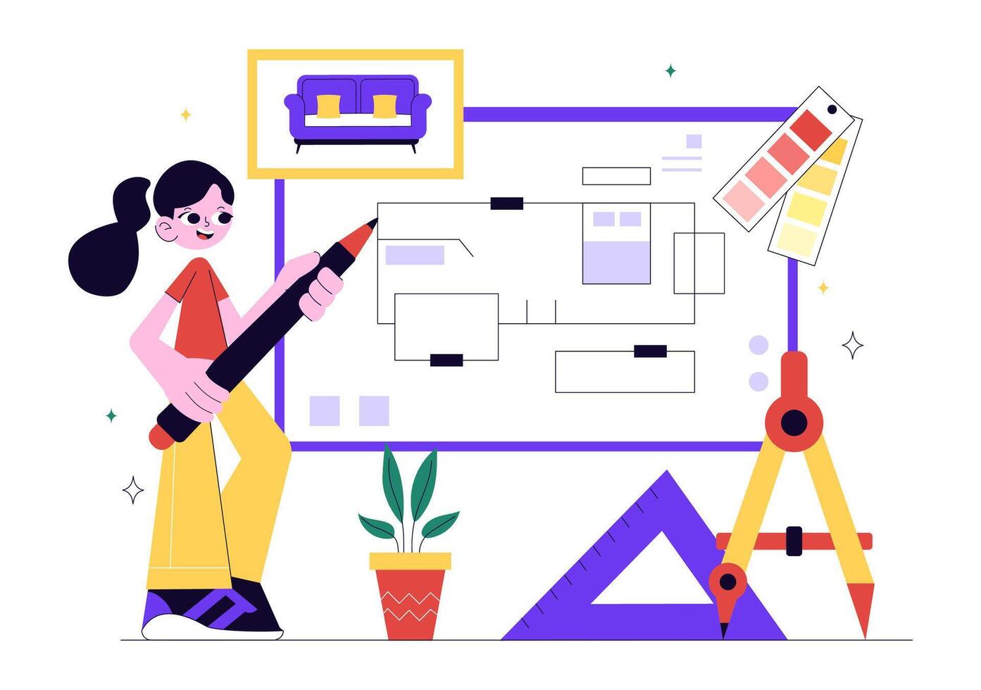 Illustration of a Room Decor Expert Choosing Interior Elements and Color Combinations vector