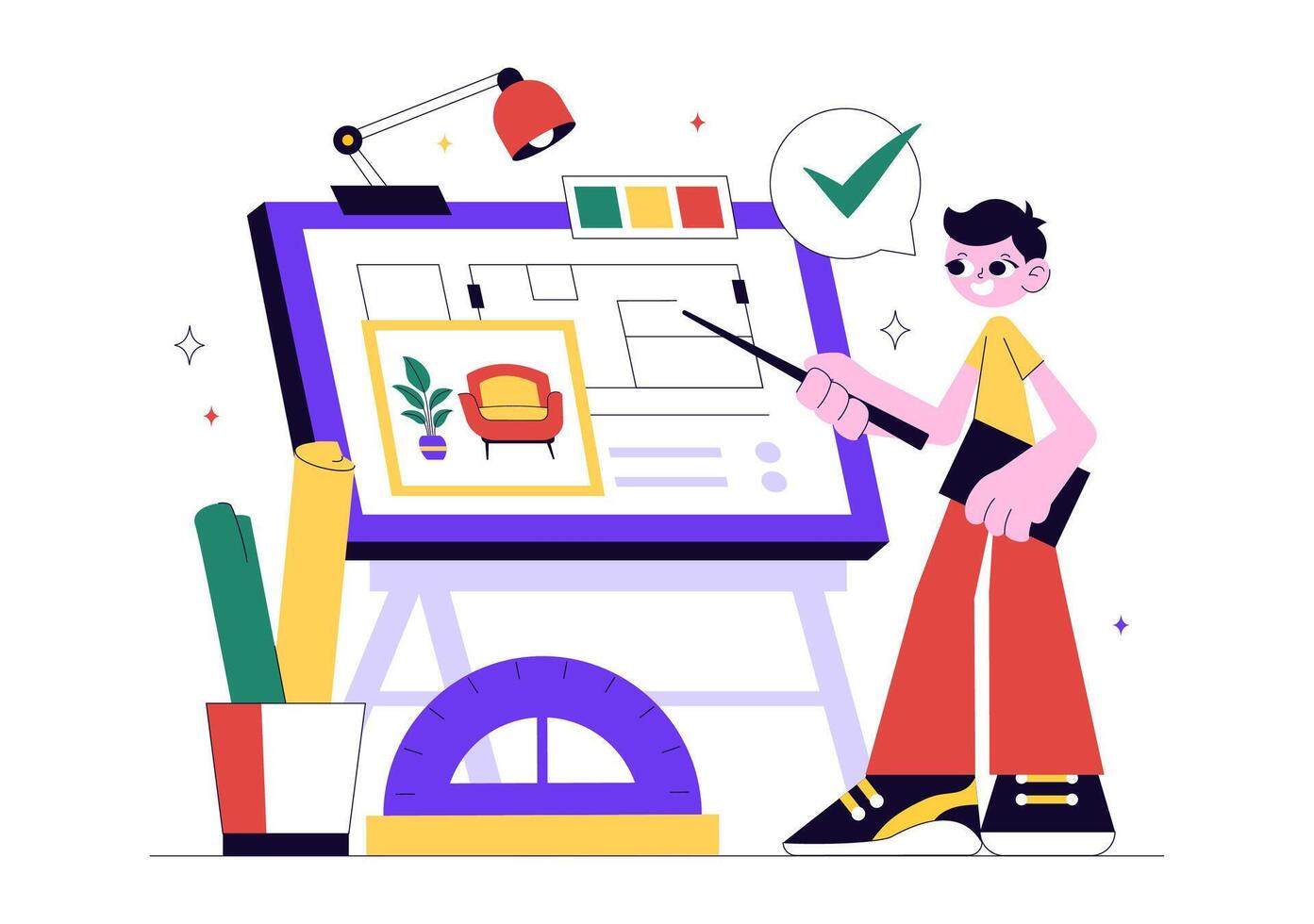 Flat of Interior Designer Working on Room Setup, Wall Colors, and Furniture Design vector