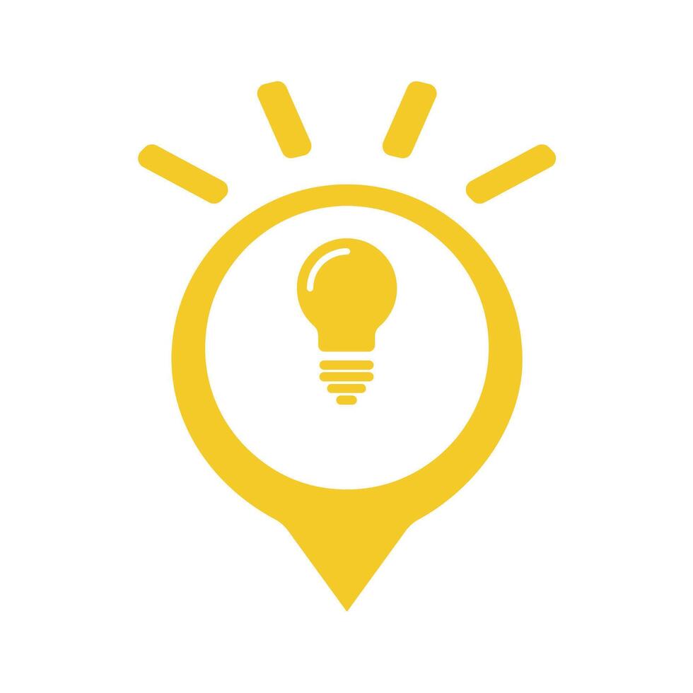 Clean yellow pin symbol with a glowing lightbulb inside, indicating creative locations, brainstorming sessions, or points of inspiration. clear graphic for maps, presentations, and web design. vector
