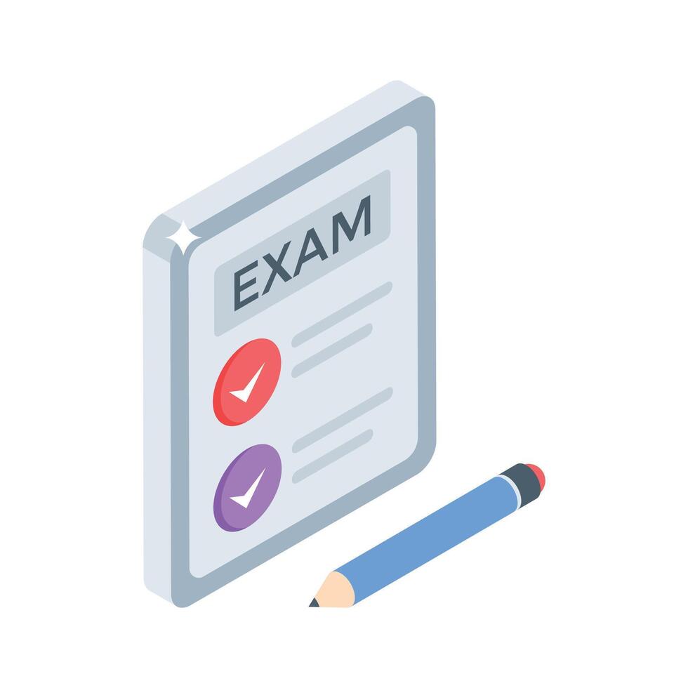 Trendy isometric style icon of exam paper and pencil vector