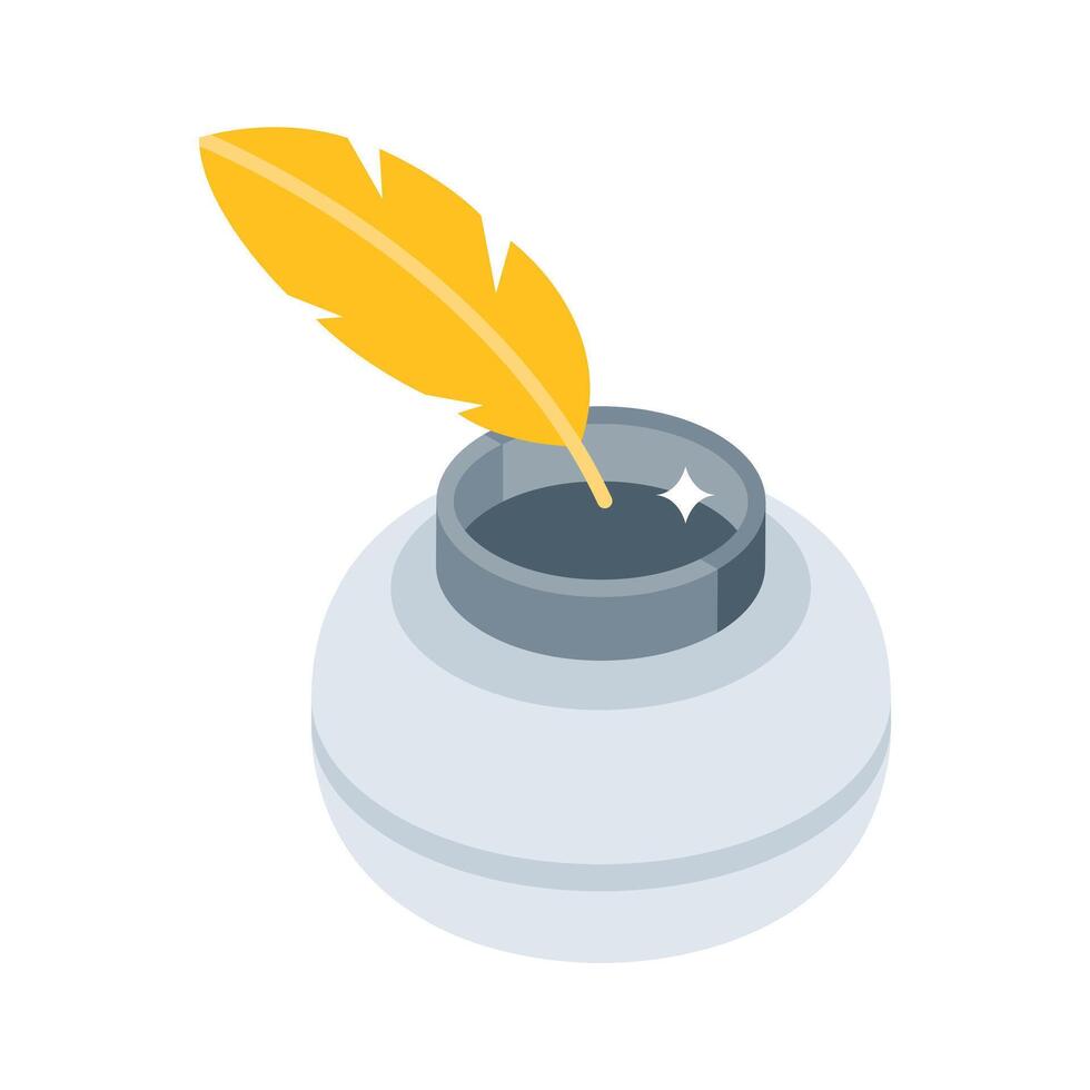 A colorful isometric icon of antique quill ink and pen vector