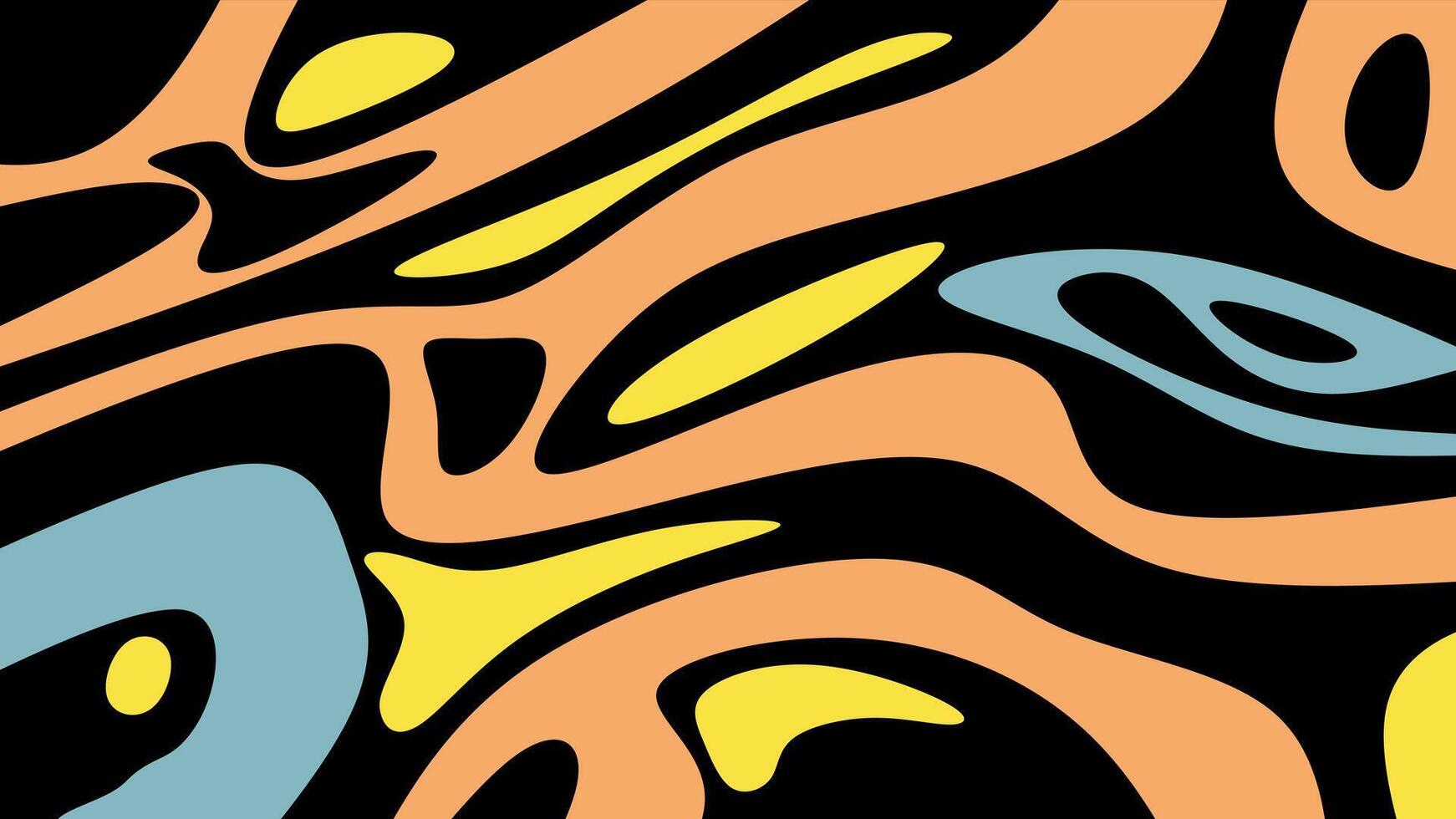 Bold abstract background featuring organic, groovy shapes and fluid lines in vibrant orange, yellow, and blue on black. Ideal for retro designs, digital art, or lively modern projects vector