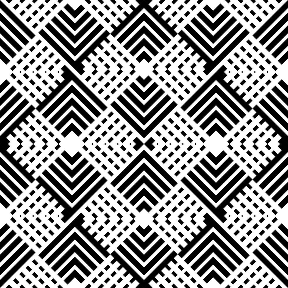 Bold seamless pattern featuring a complex geometric design with black and white lines, squares, and chevron motifs. Ideal for modern textiles, abstract backgrounds, or digital art vector