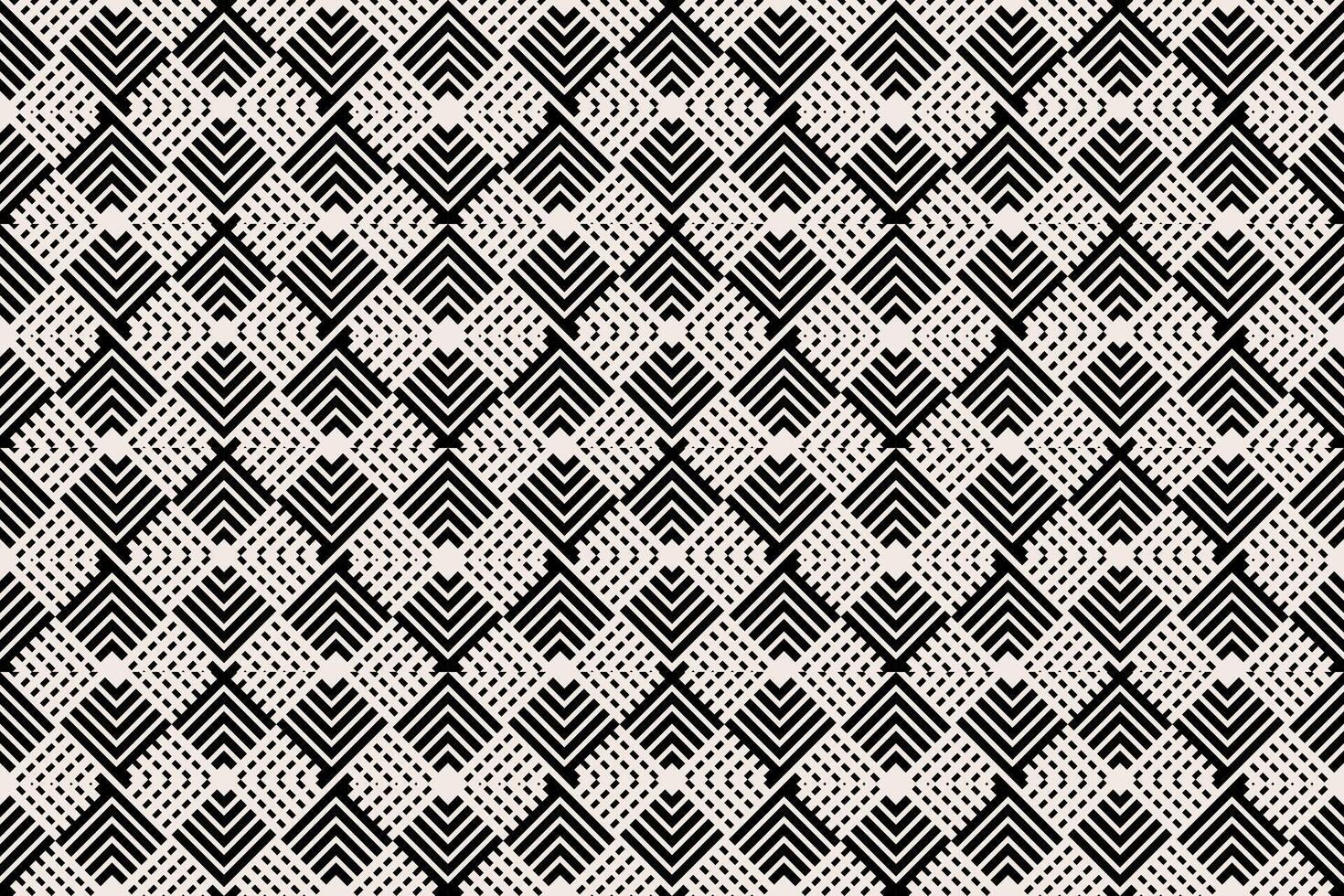 Intricate seamless pattern featuring a complex geometric design with black and white lines, creating an elegant diamond-shaped mosaic. Ideal for modern textiles, abstract backgrounds, or digital art vector