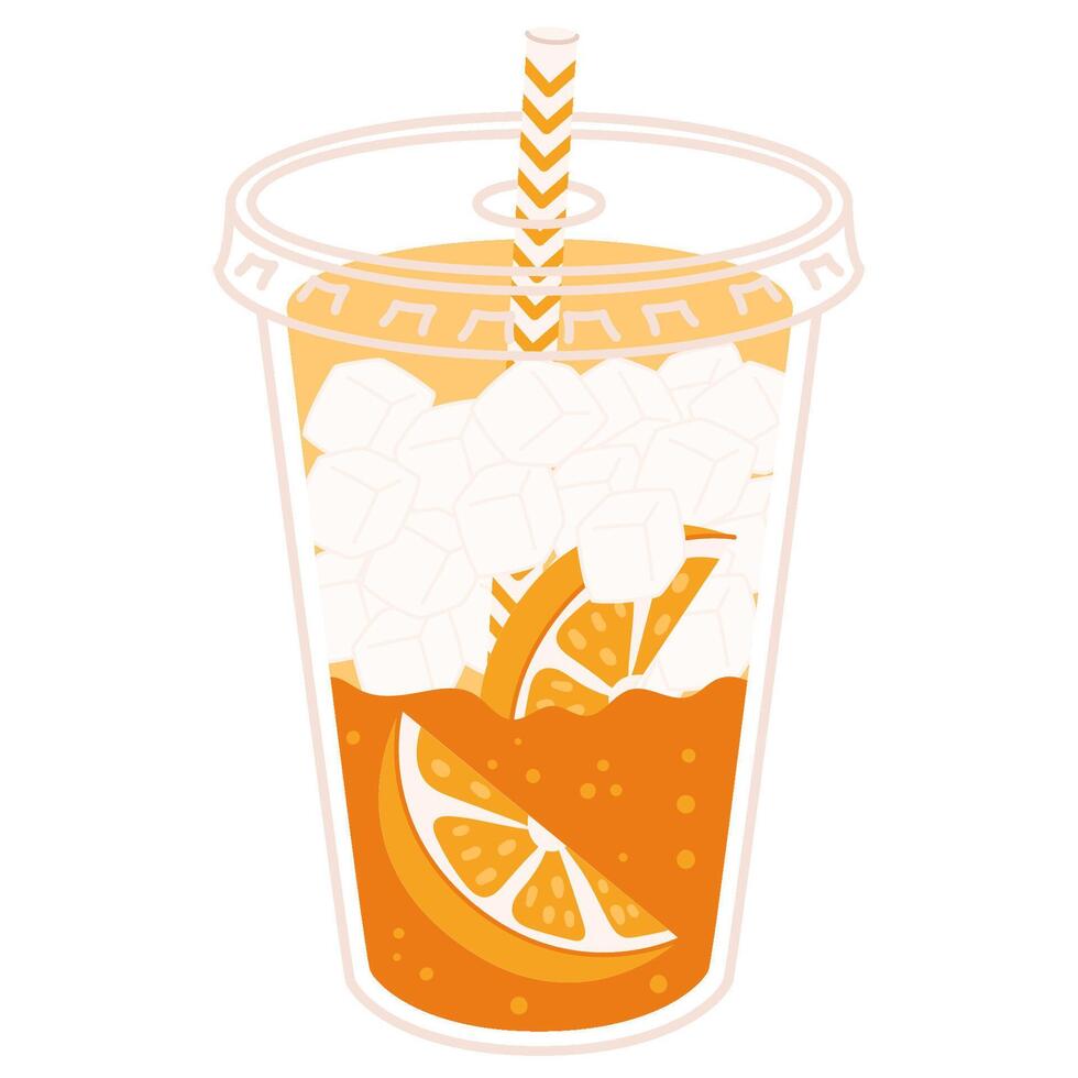 Iced orange soda with fruit slice and striped straw in plastic cup isolated vector
