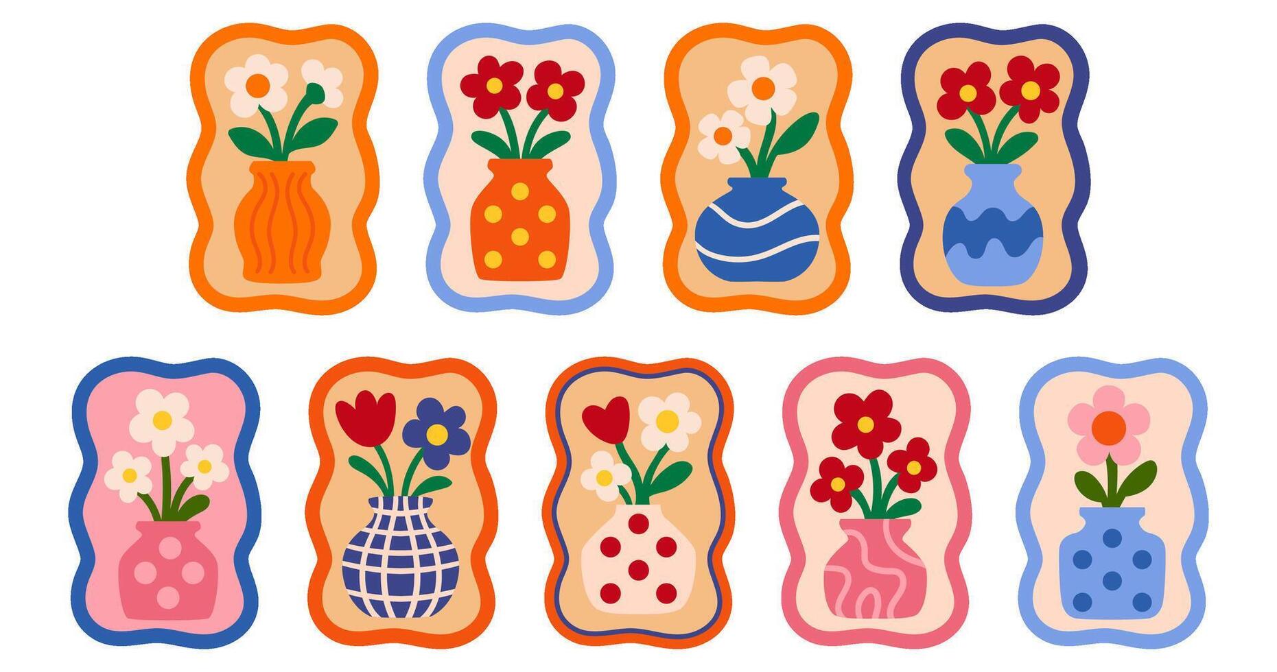 Cartoon flower vases collection with decorative vertical frames and floral arrangements flat vector