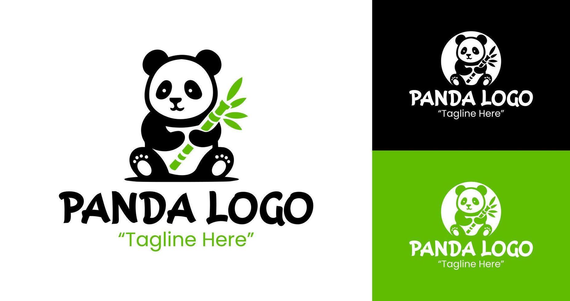 Charming Panda Logo with Bamboo Elements in Green and Black vector