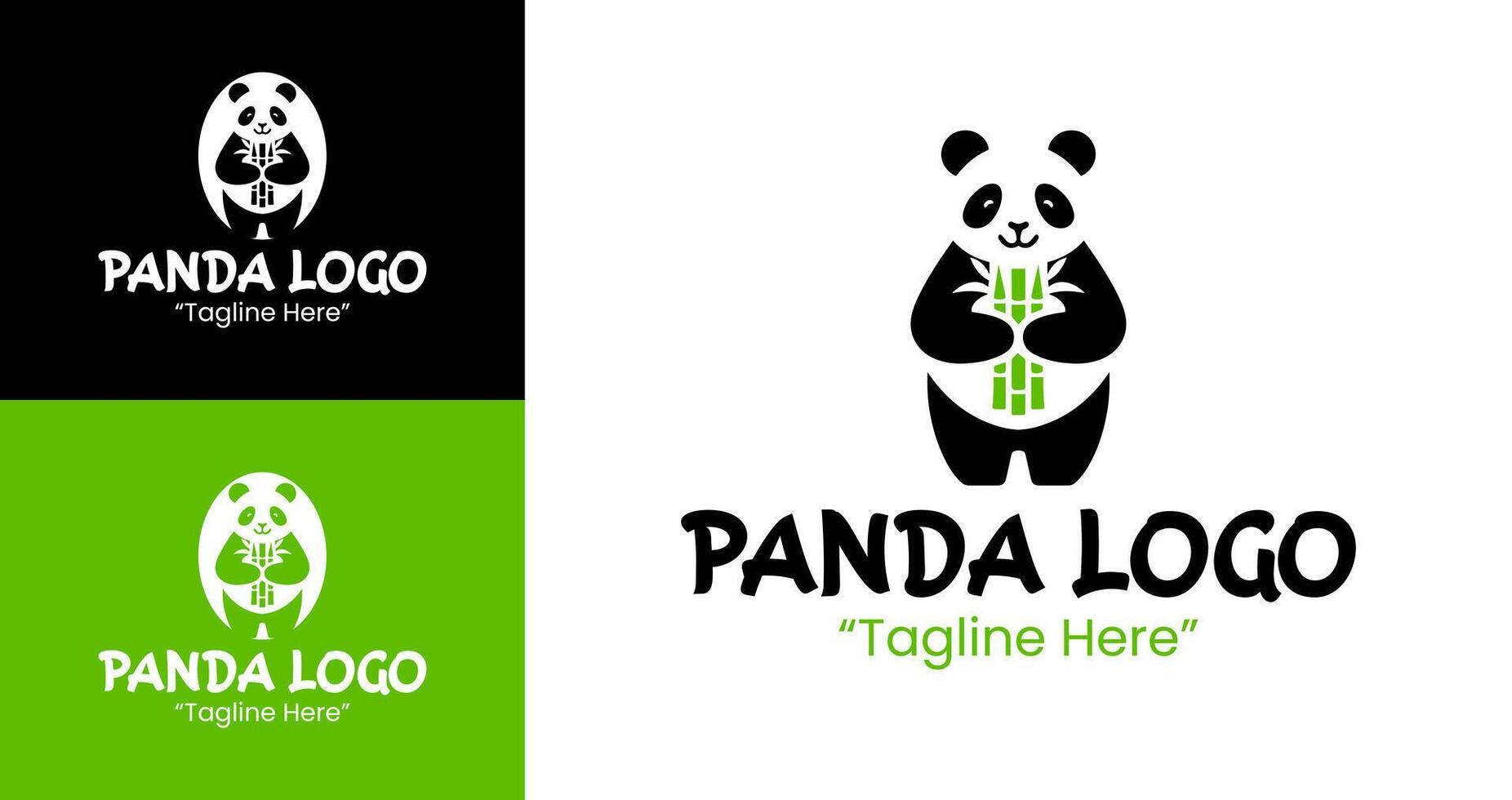Friendly Panda Holding Bamboo in Green and Black Logo vector