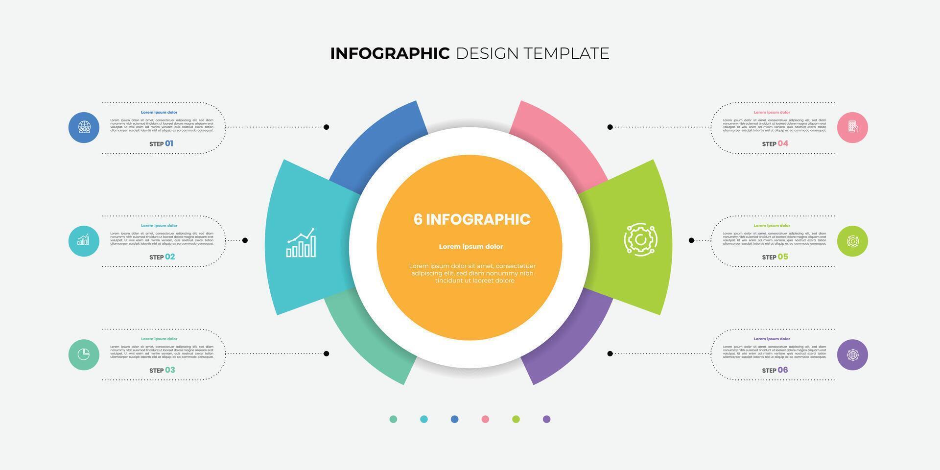 Semicircular pie chart divided into 6 colorful sectors. Concept of six features of startup project to select. vector