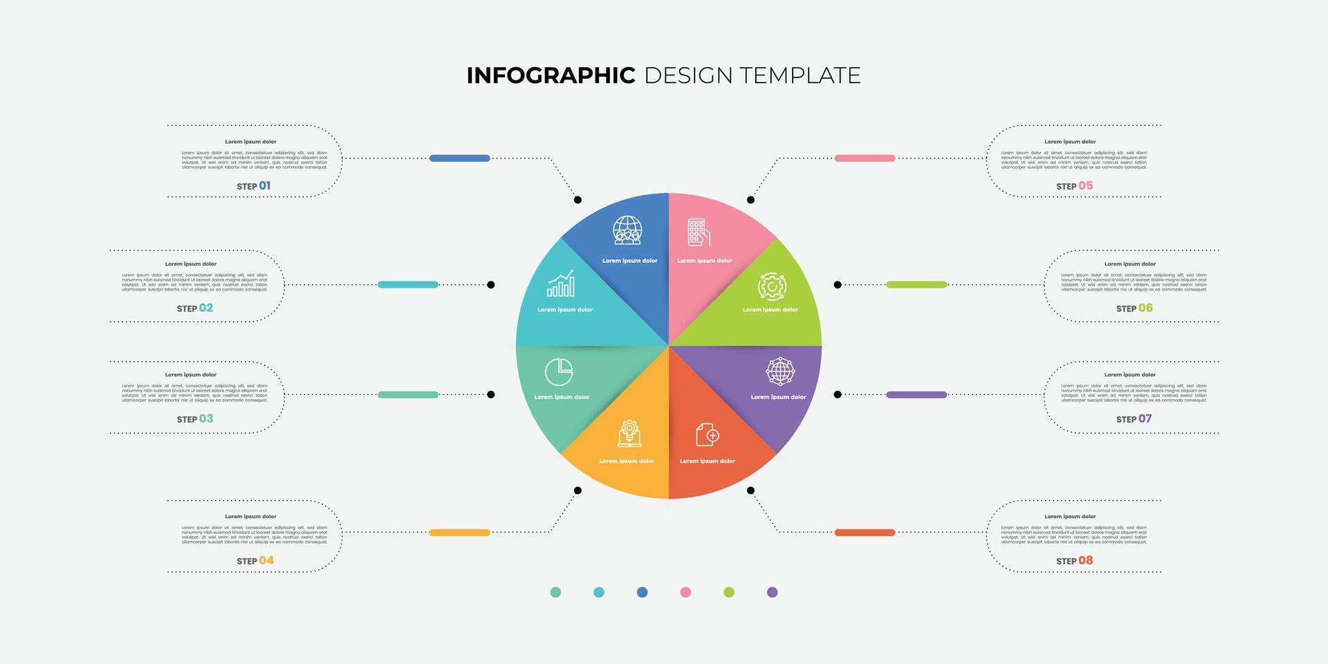 Semicircular pie chart divided into 8 colorful sectors. Concept of eight features of startup project to select. Minimal flat infographic illustration for business information visualization vector