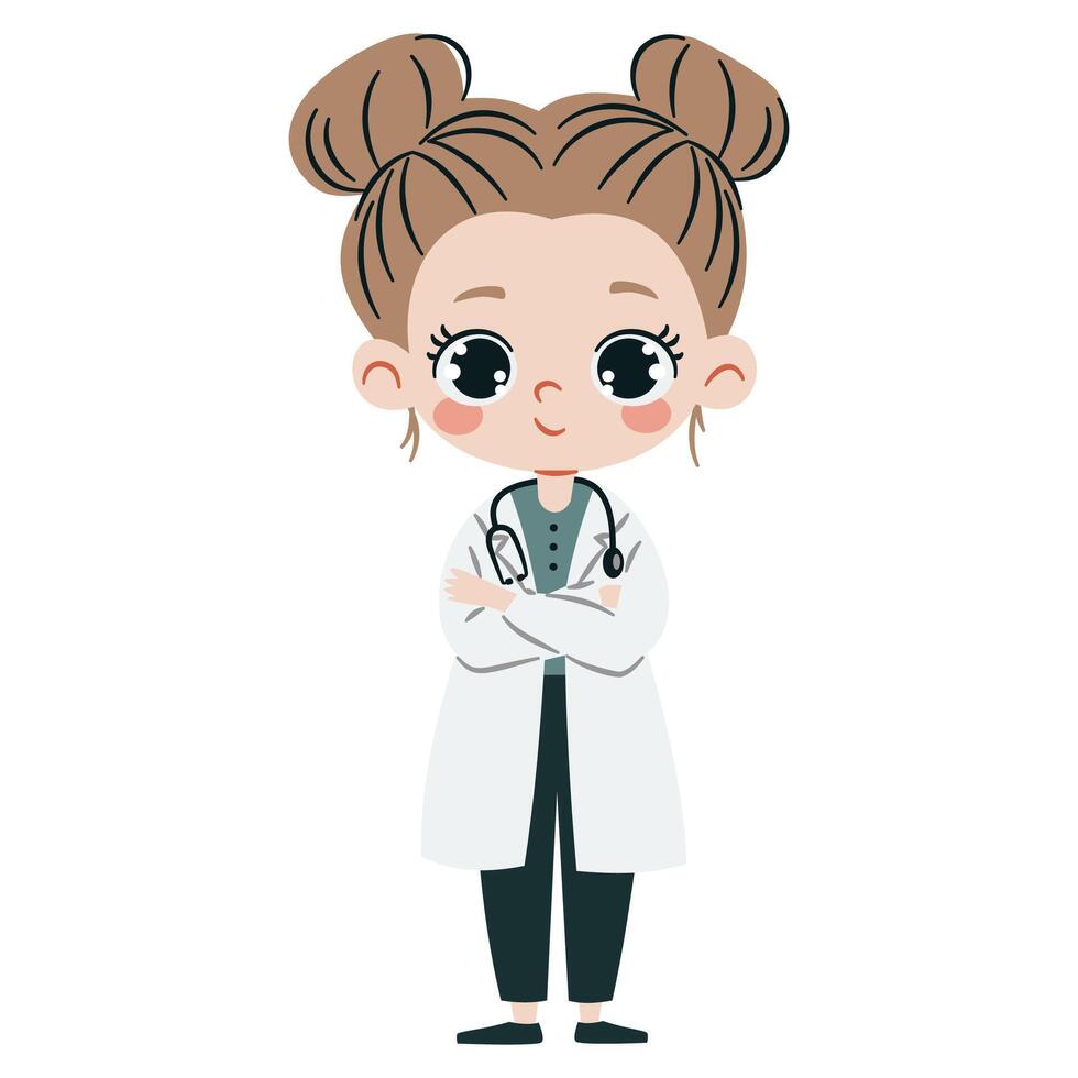 Cute little girl in doctor's costume. Flat illustration in simple children's style on white background vector