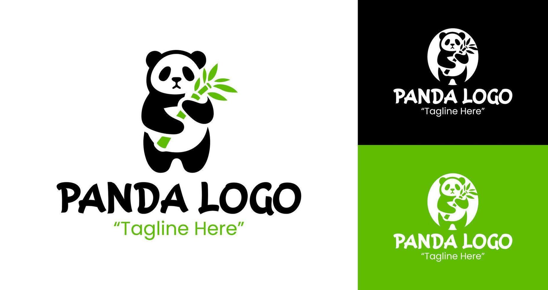 Playful Panda Holding Bamboo Logo in Green and Black for Branding vector