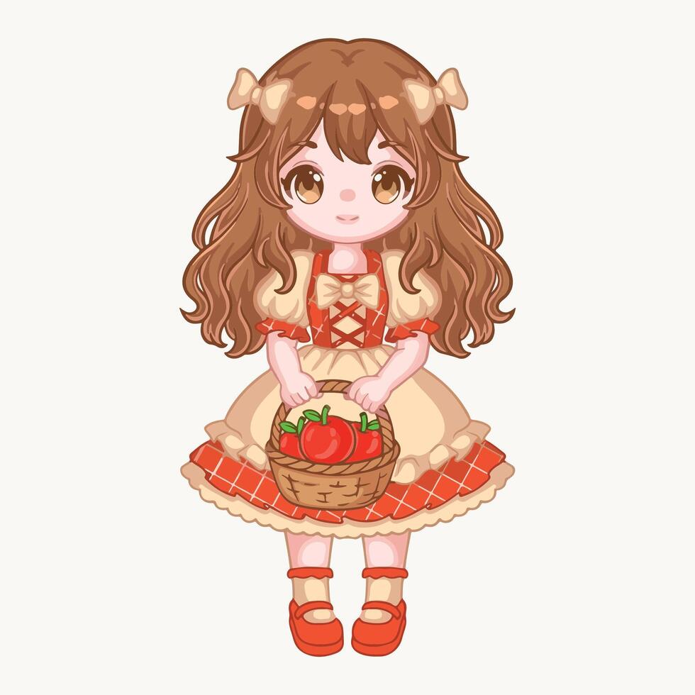 Cute kawai little girl with a basket of tomatoes. illustration design vector