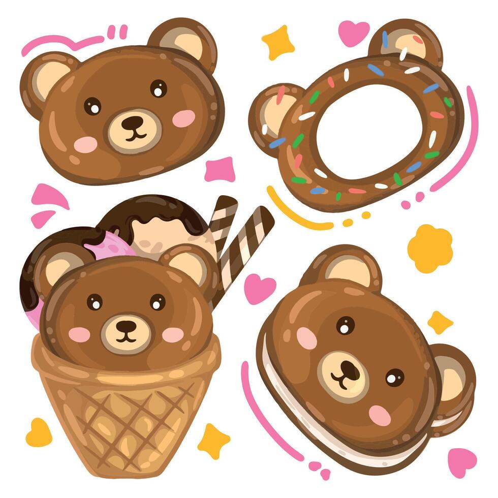 Set of cute kawai teddy bears in a waffle cone, illustration vector