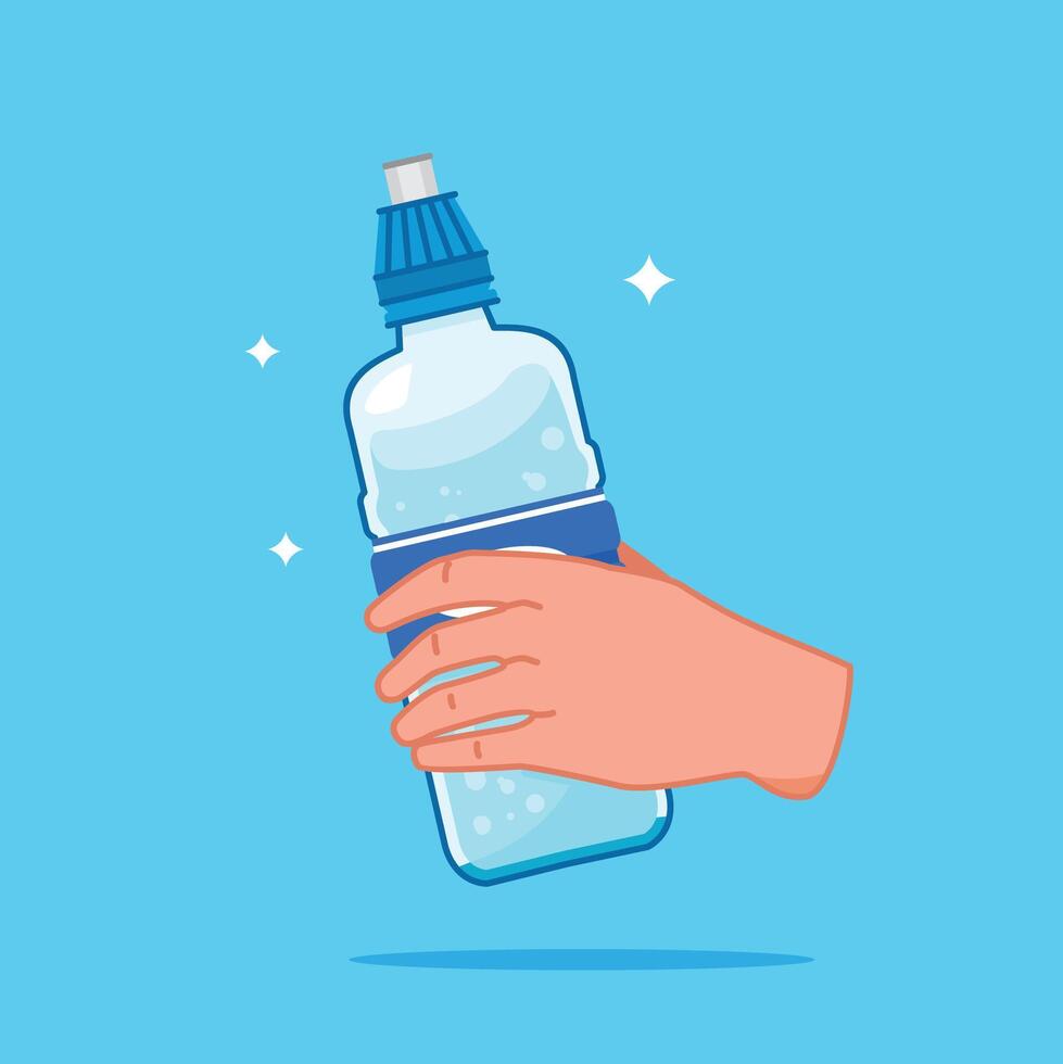 hand holding plastic water bottle, healthy blue drinking water packed in 380ml PET bottle vector