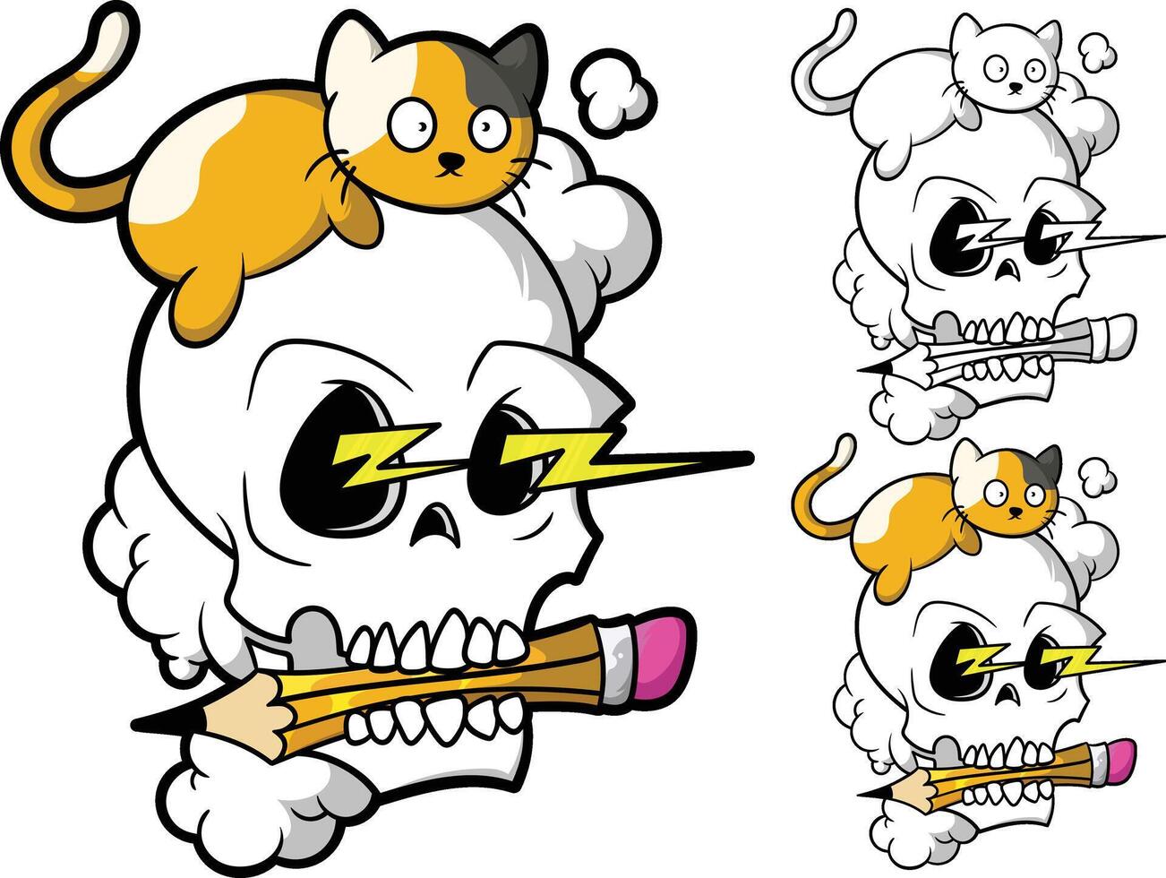 a cartoon skull with a cat on top of it vector