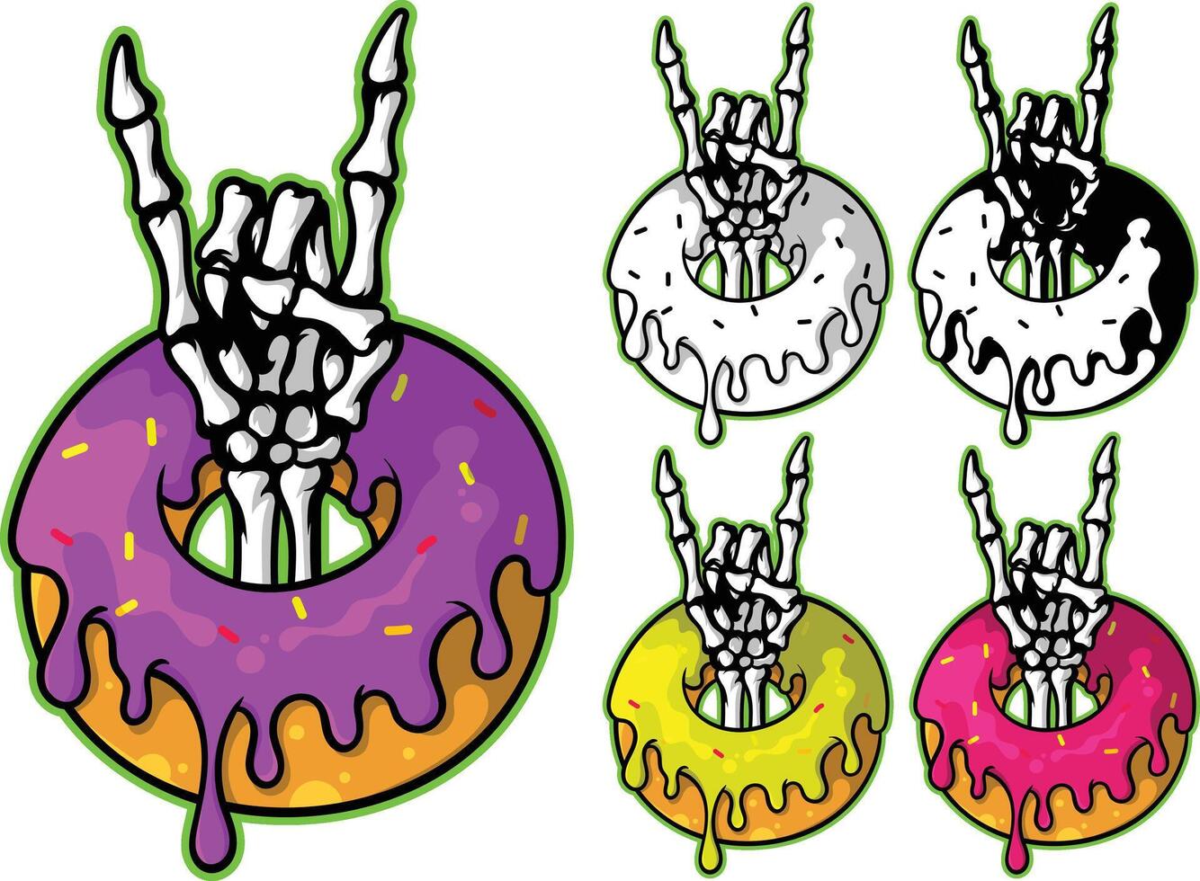 a set of donuts with a skeleton hand and a rock sign vector