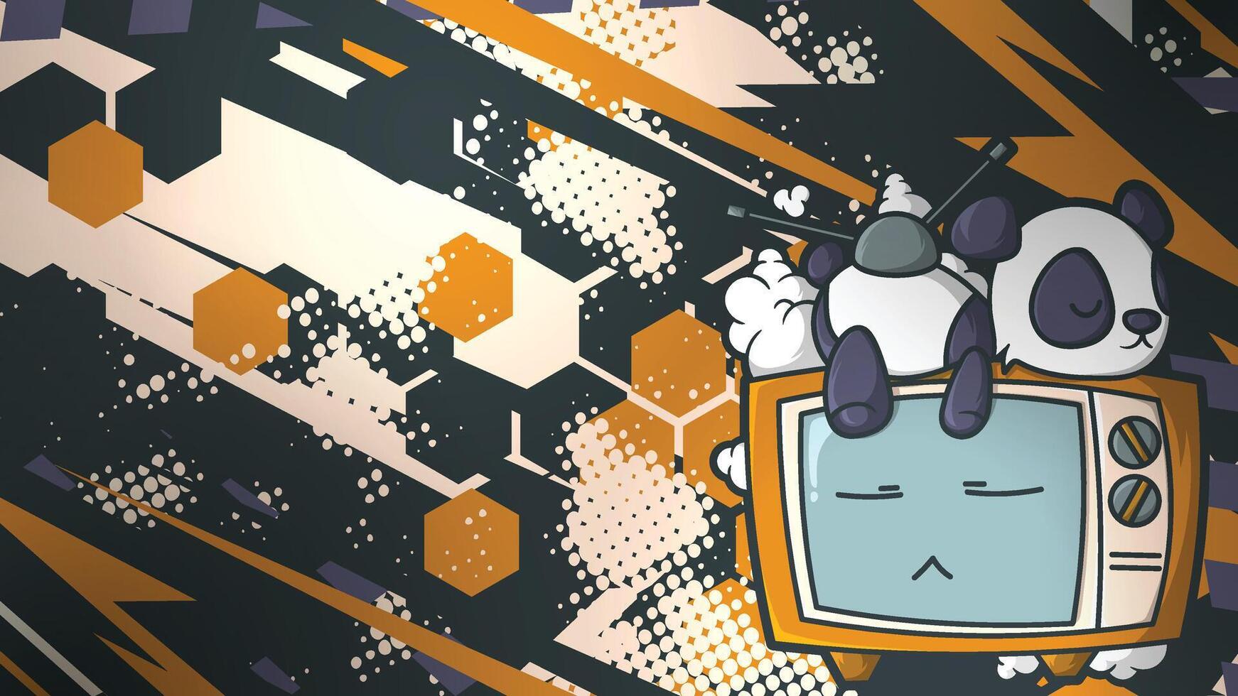Cute Panda Sleeps on a Retro TV with a Futuristic Geometric Background vector
