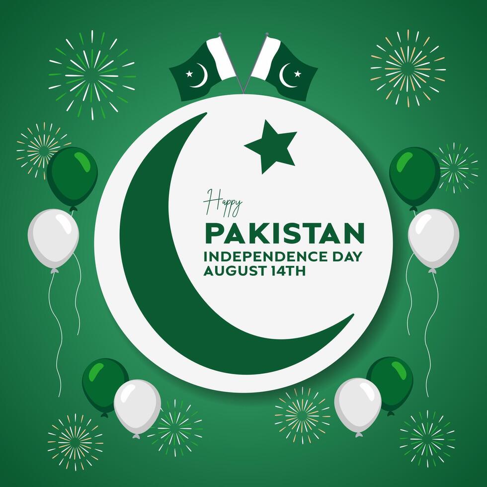 Happy Pakistan Independence Day August 14th with cresent moon star balloon fireworks on isolated background vector