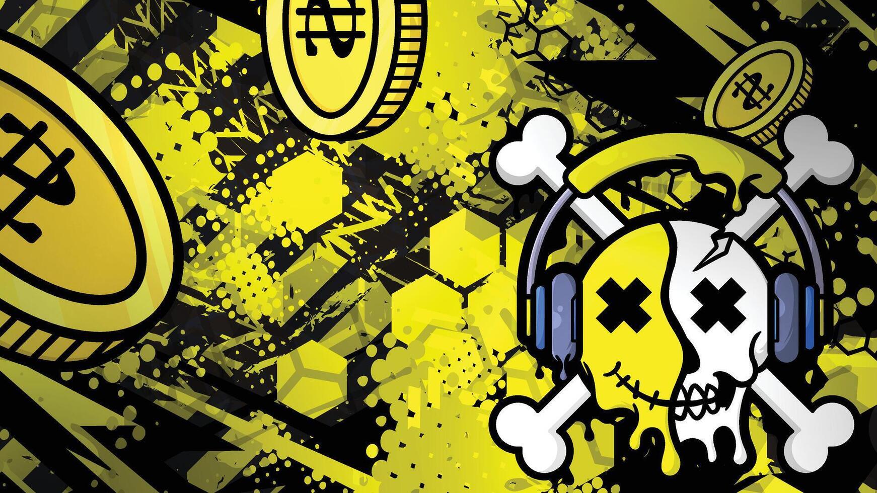 Skull Crypto Headphones with Yellow Black Abstract Background vector
