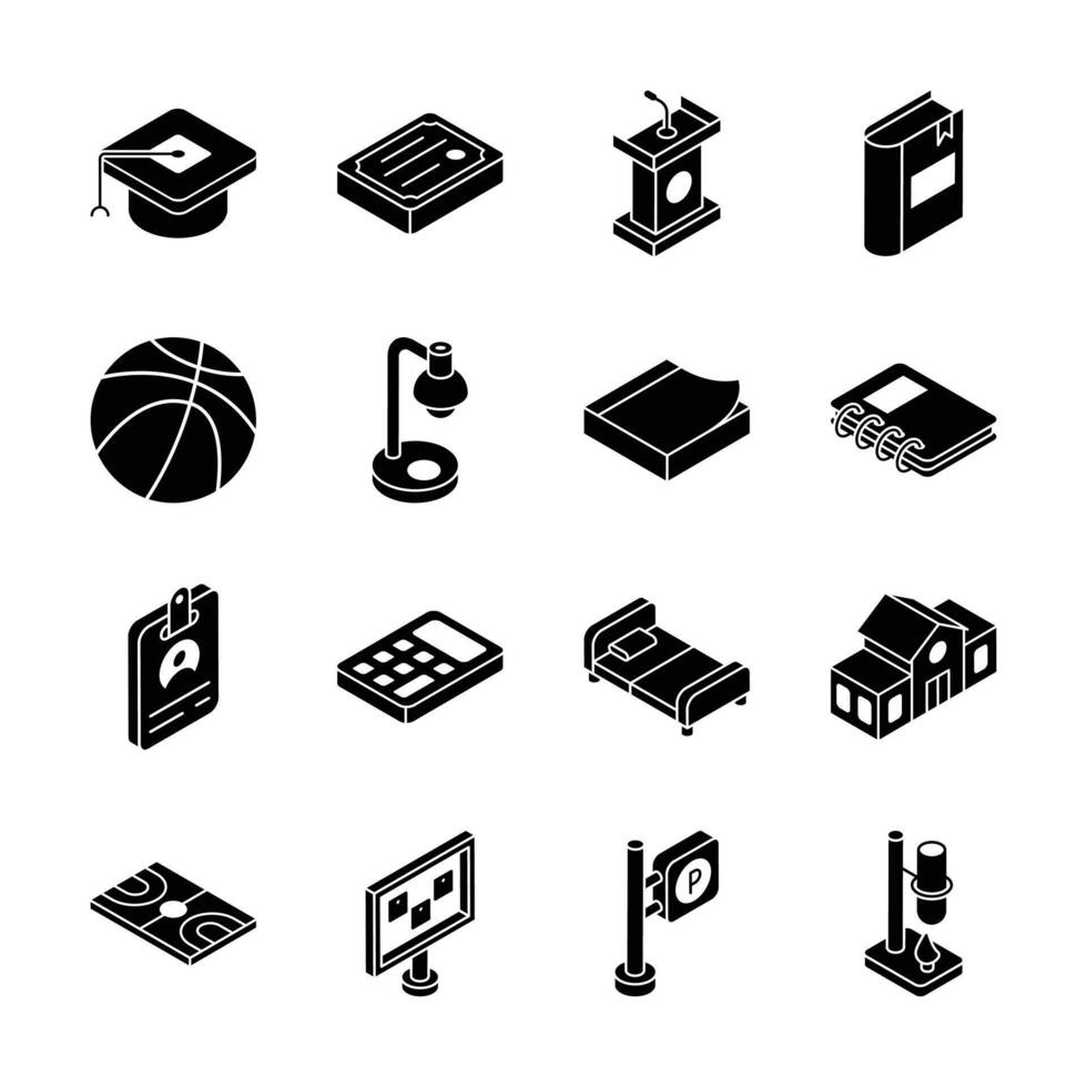 Well designed collection showing study and university supplies isometric icons. vector